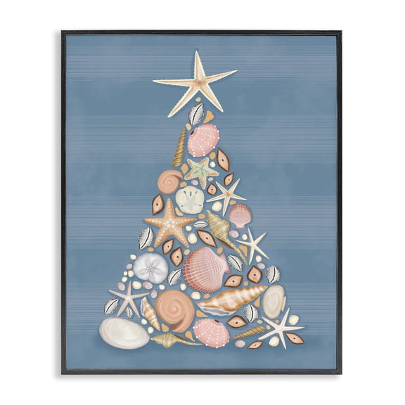 Stupell Industries Coastal Christmas Seashell Tree Holiday Painting Black Framed Art Print Wall Art, 11 x 14