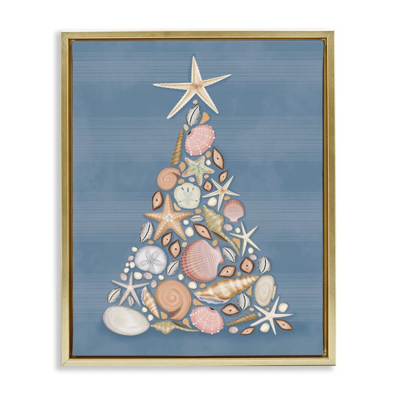 Stupell Industries Coastal Christmas Seashell Tree Holiday Painting Gold Floater Framed Canvas Art Print Wall Art, 17 x 21