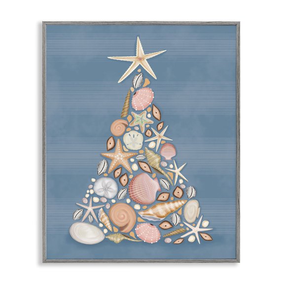 Stupell Industries Coastal Christmas Seashell Tree Holiday Painting Gray Framed Art Print Wall Art, 24 x 30