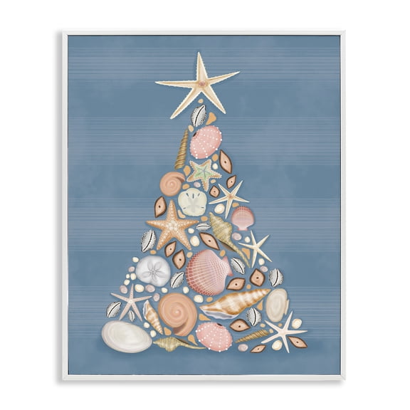 Stupell Industries Coastal Christmas Seashell Tree Holiday Painting White Framed Art Print Wall Art, 11 x 14