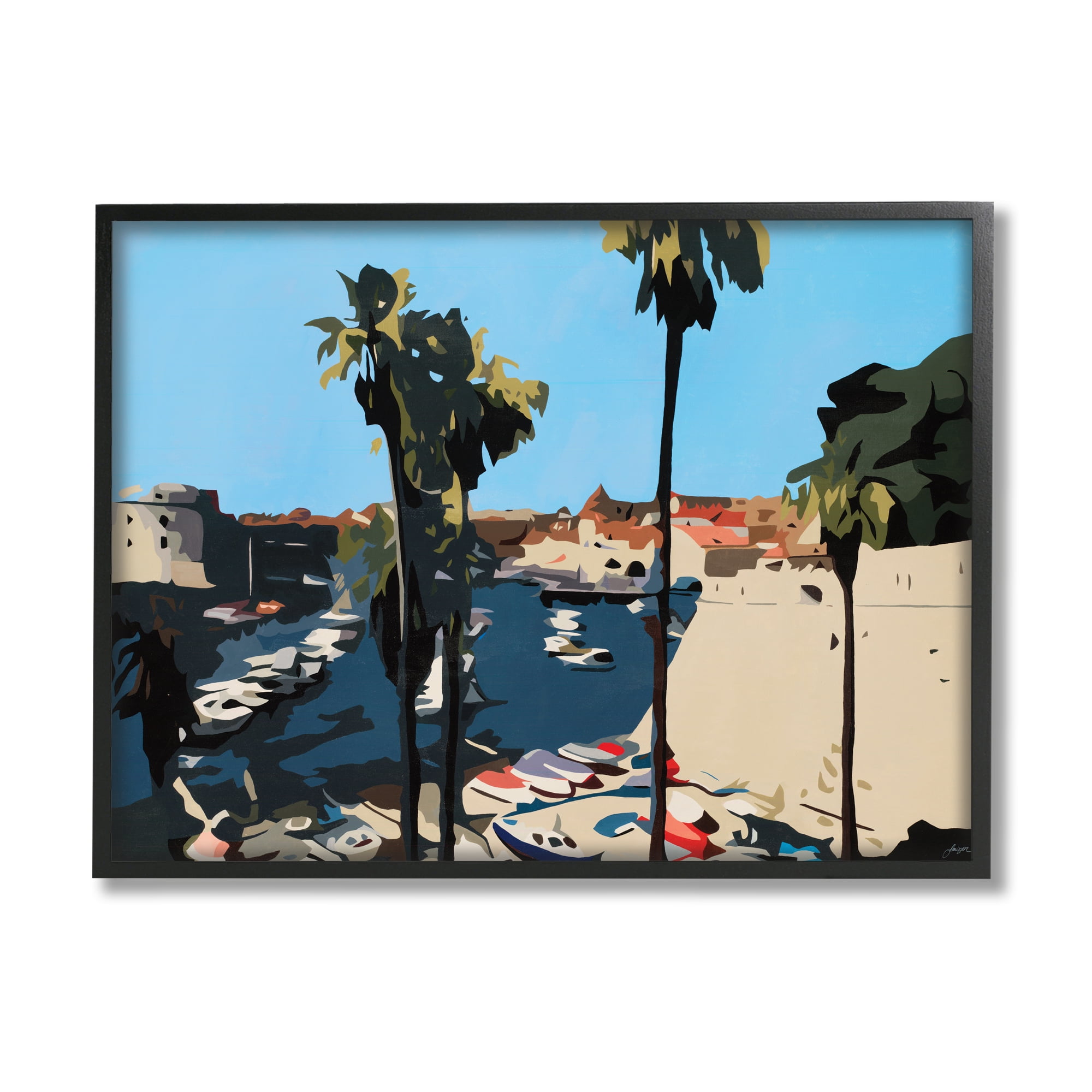 Stupell Industries Coastal City Boating Docks Tropical Palm Trees Nature Painting Black Framed Art Print Wall Art, 24 x 30