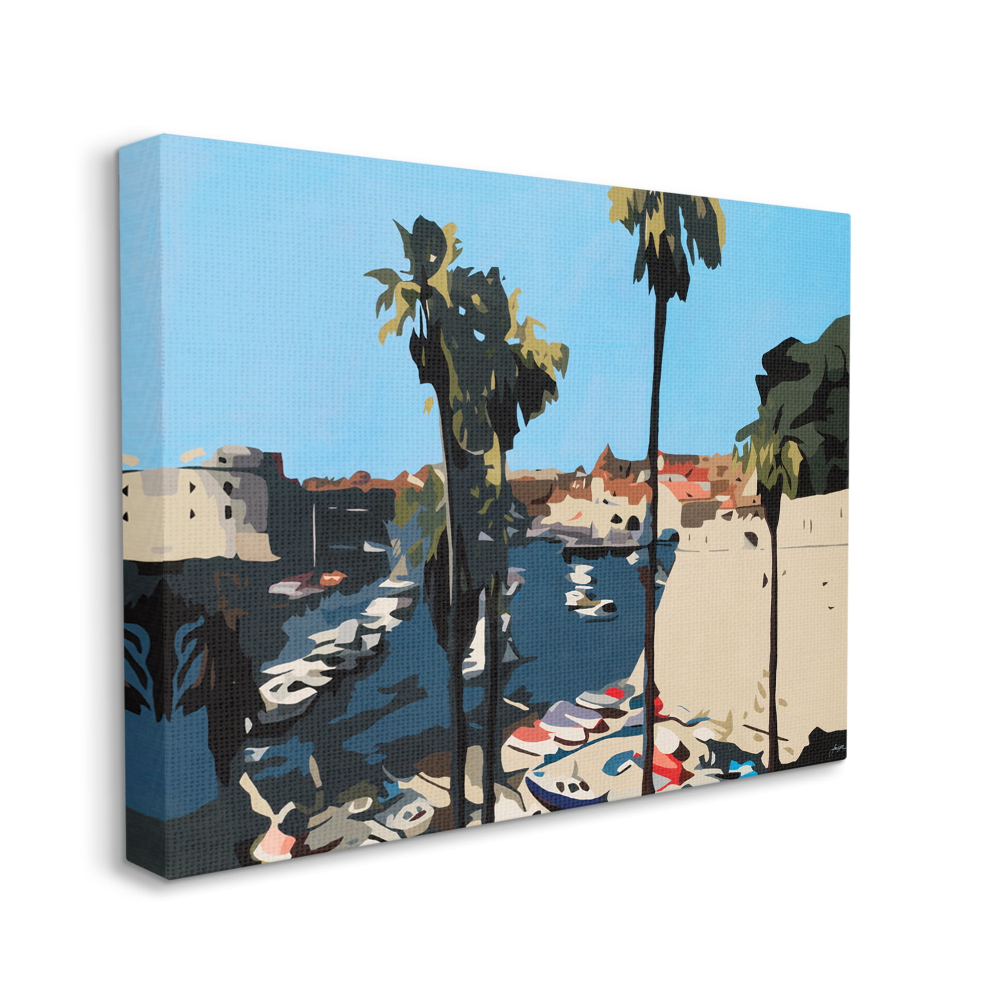 Stupell Industries Coastal City Boating Docks Tropical Palm Trees Nature Painting Gallery Wrapped Canvas Art Print Wall Art, 16 x 20