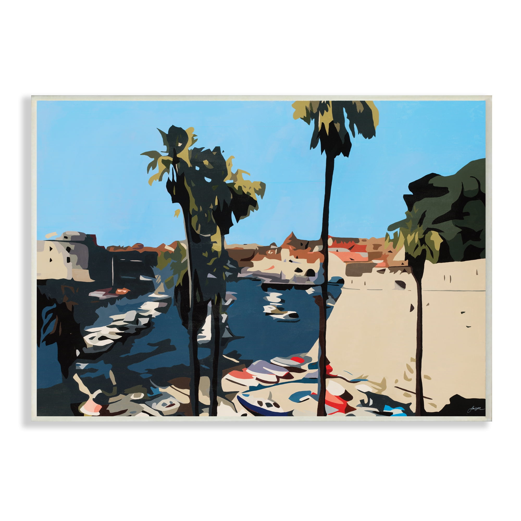 Stupell Industries Coastal City Boating Docks Tropical Palm Trees Nature Painting Unframed Art Print Wall Art, 13 x 19