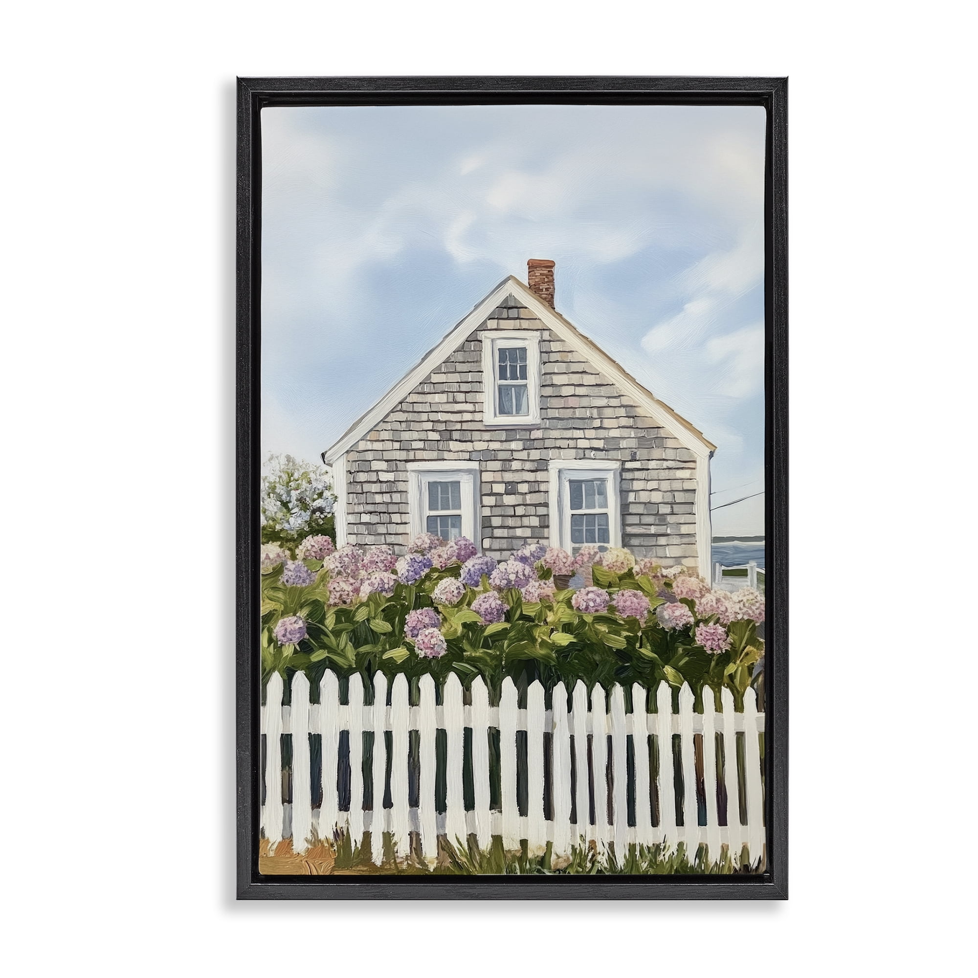 Stupell Industries Coastal Cottage Hydrangea Garden Black Framed Floater Canvas Wall Art, design by Sisi and Seb