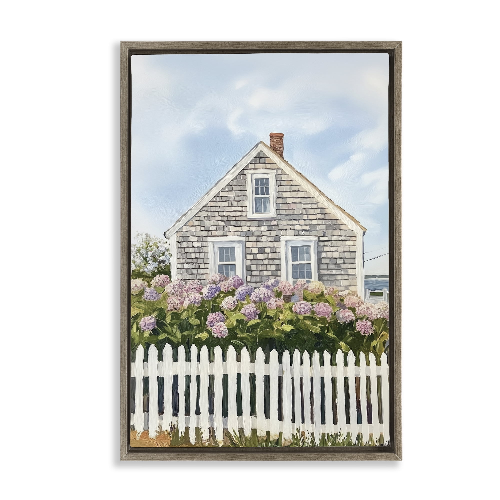Stupell Industries Coastal Cottage Hydrangea Garden Brown Framed Floater Canvas Wall Art, design by Sisi and Seb