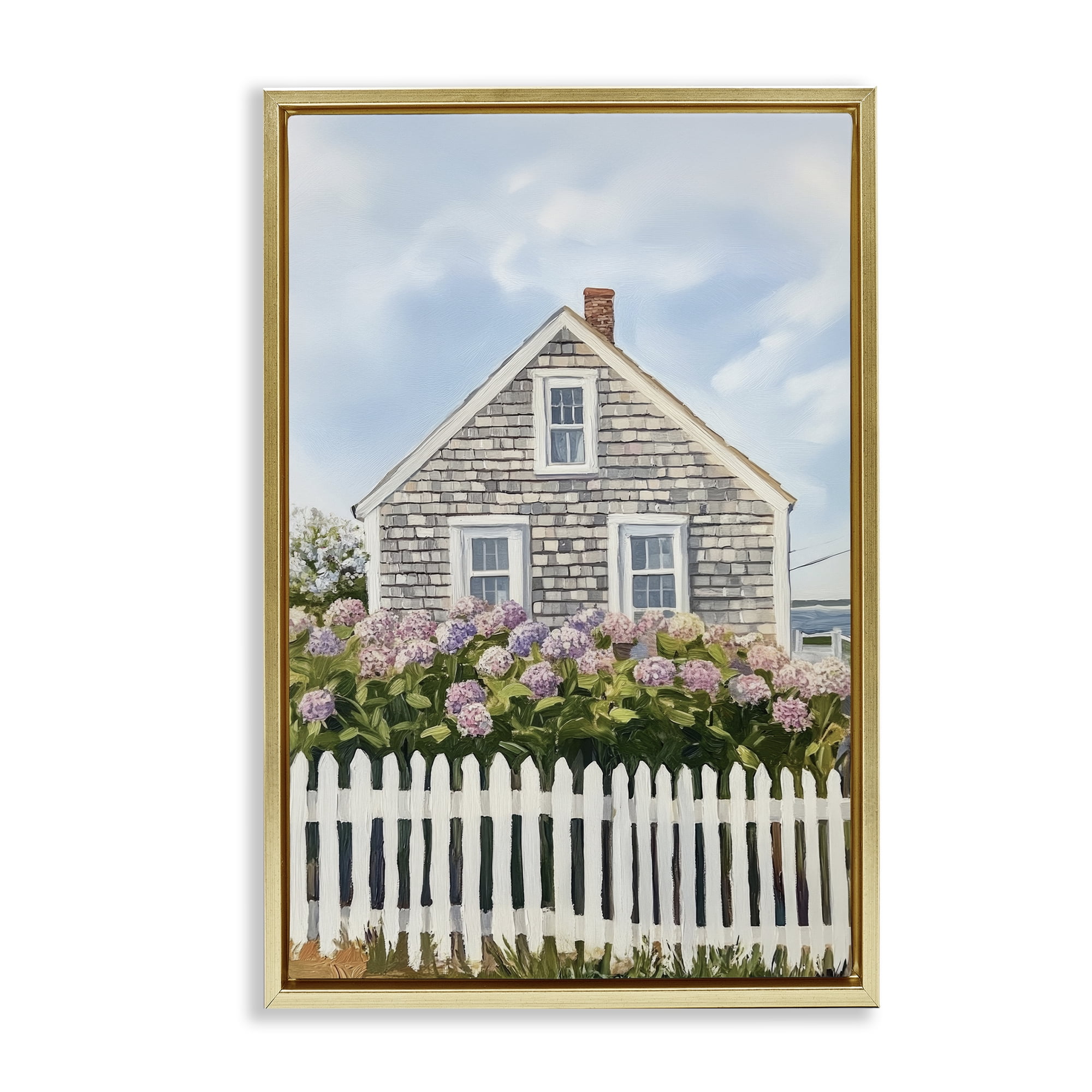 Stupell Industries Coastal Cottage Hydrangea Garden Gold Framed Floater Canvas Wall Art, design by Sisi and Seb
