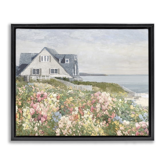 Stupell Industries Coastal Cottage Meadow Landscape & Nature Painting Black Floater Framed Canvas Art Print Wall Art, 21 x 17