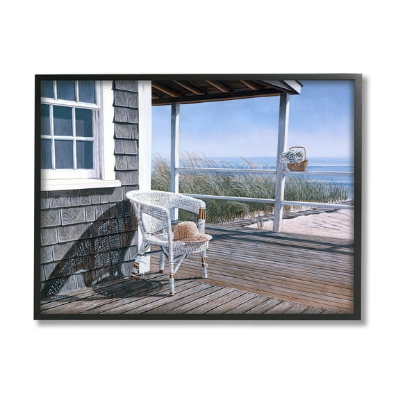 Stupell Industries Coastal Cottage Porch Chair Seaside Boardwalk Scenery Painting Black Framed Art Print Wall Art, Design by Tom Mielko