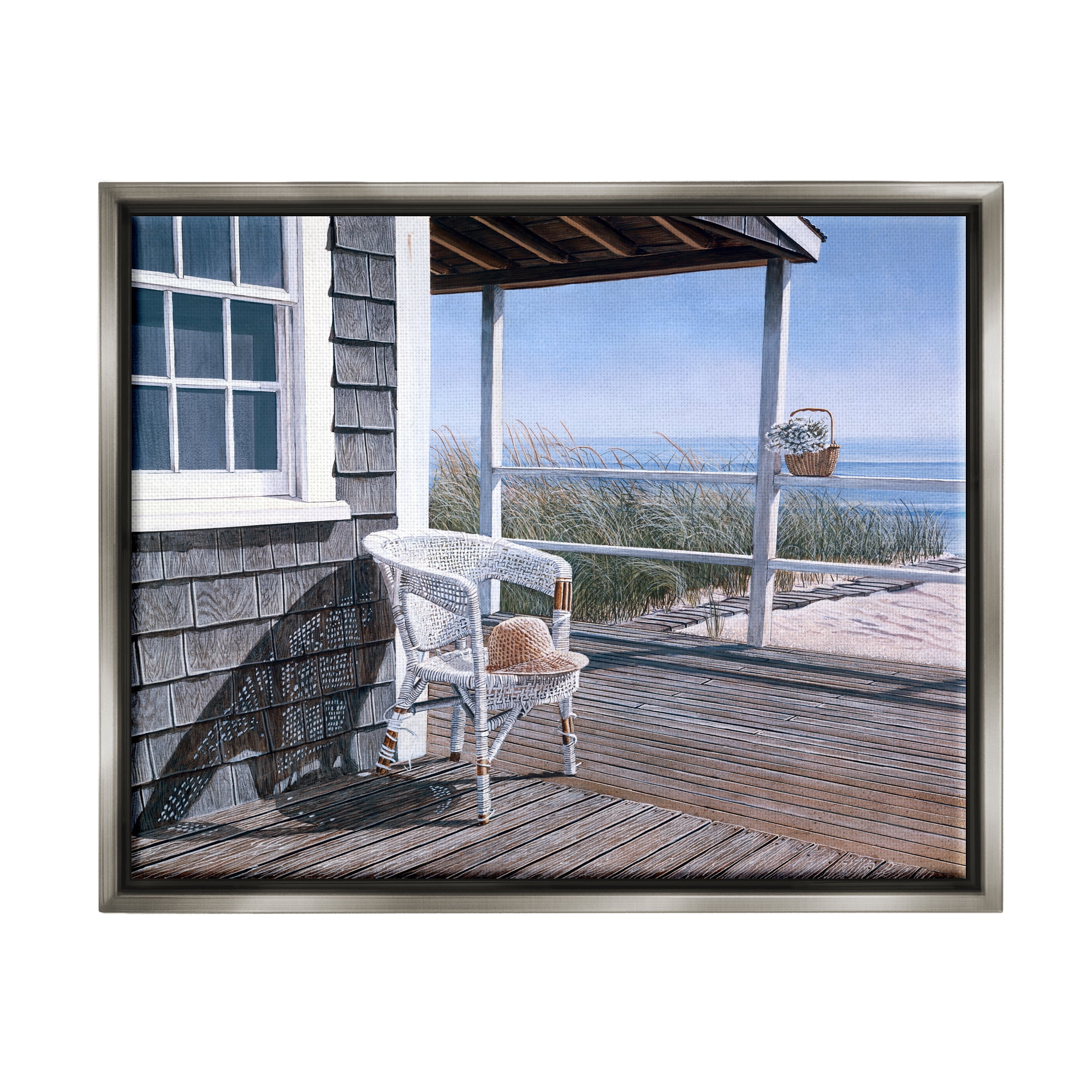 Stupell Industries Coastal Cottage Porch Chair Seaside Boardwalk Scenery Painting Luster Gray Floating Framed Canvas Print Wall Art, Design by Tom Mielko