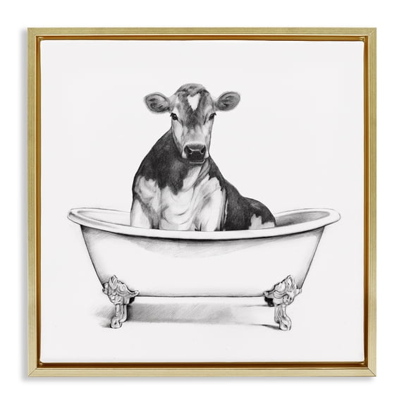 Stupell Industries Coastal Cow in Bathtub Sketch Gold Floating Frame Canvas Art, 18 x 18, by Victoria Borges
