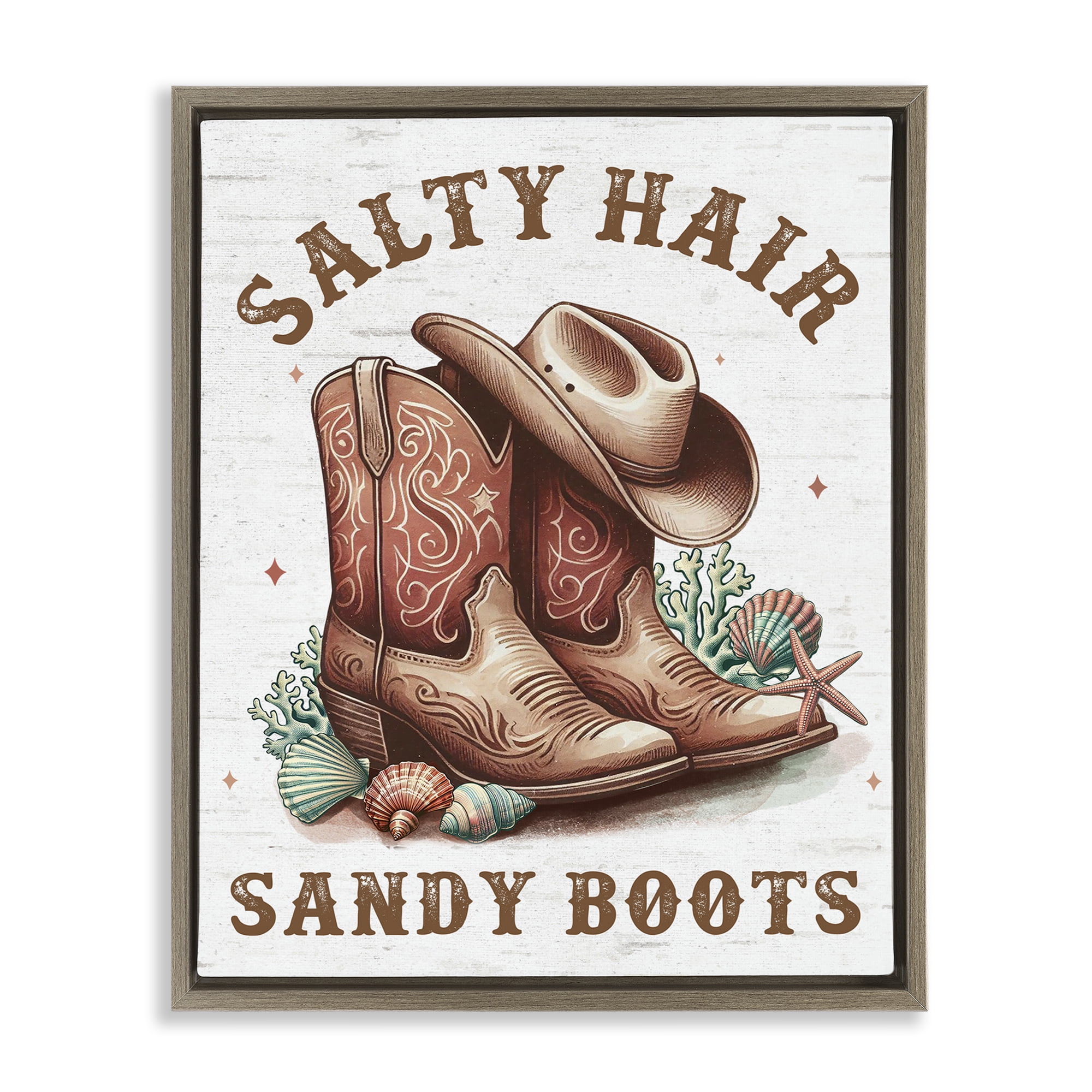 Stupell Industries Coastal Cowgirl Boots Plants & Flowers Painting Brown Floater Framed Canvas Art Print Wall Art, 17 x 21