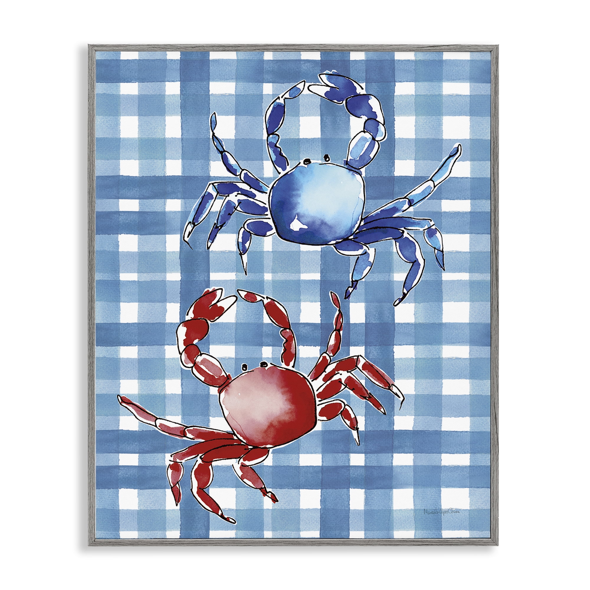 Stupell Industries Coastal Crabs on Plaid Animals Painting Gray Framed Art Print Wall Art, 16 x 20