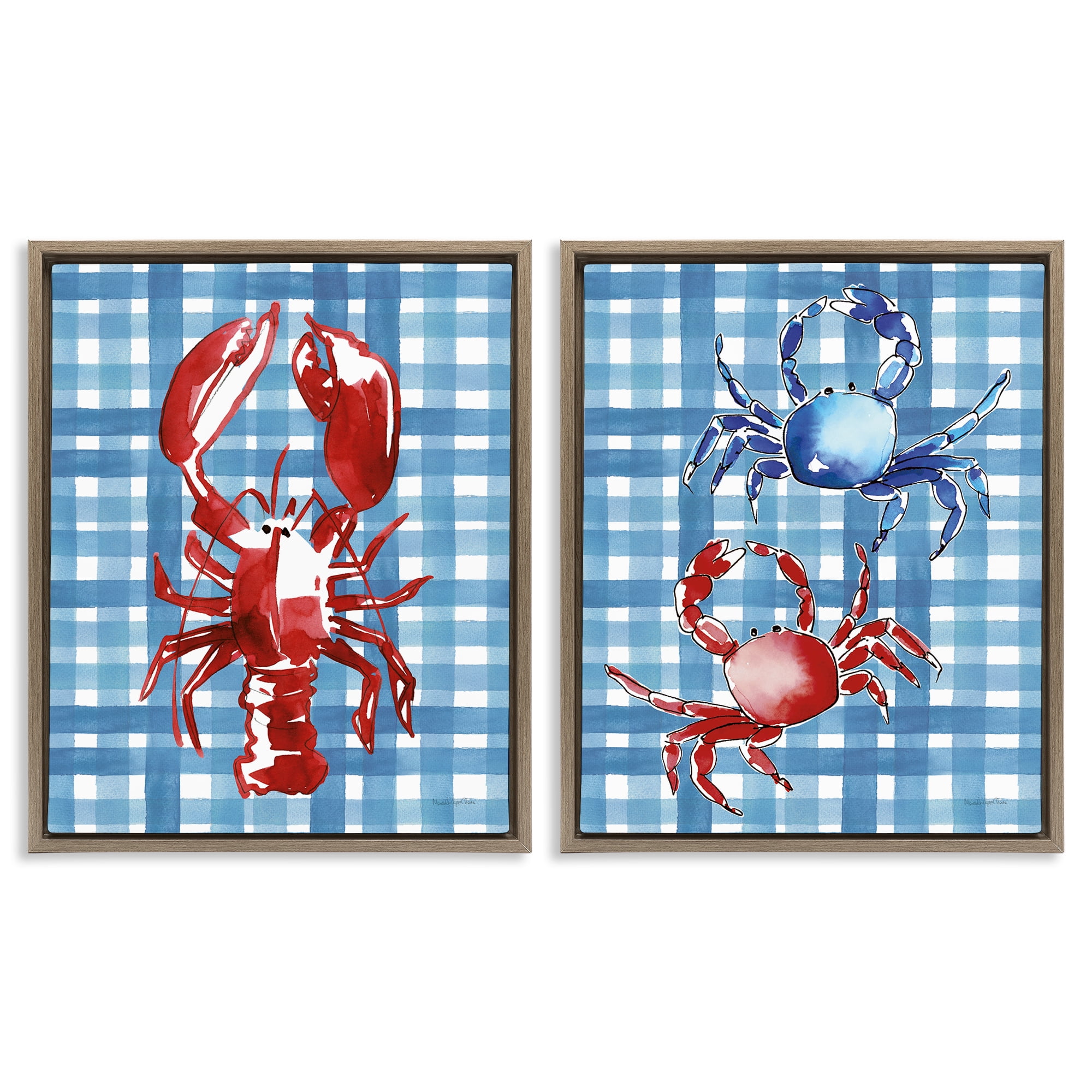 Stupell Industries Coastal Cuisines on Plaid Animals Painting Brown Floater Framed Canvas Art Print Wall Art, 31 x 25, Set of 2