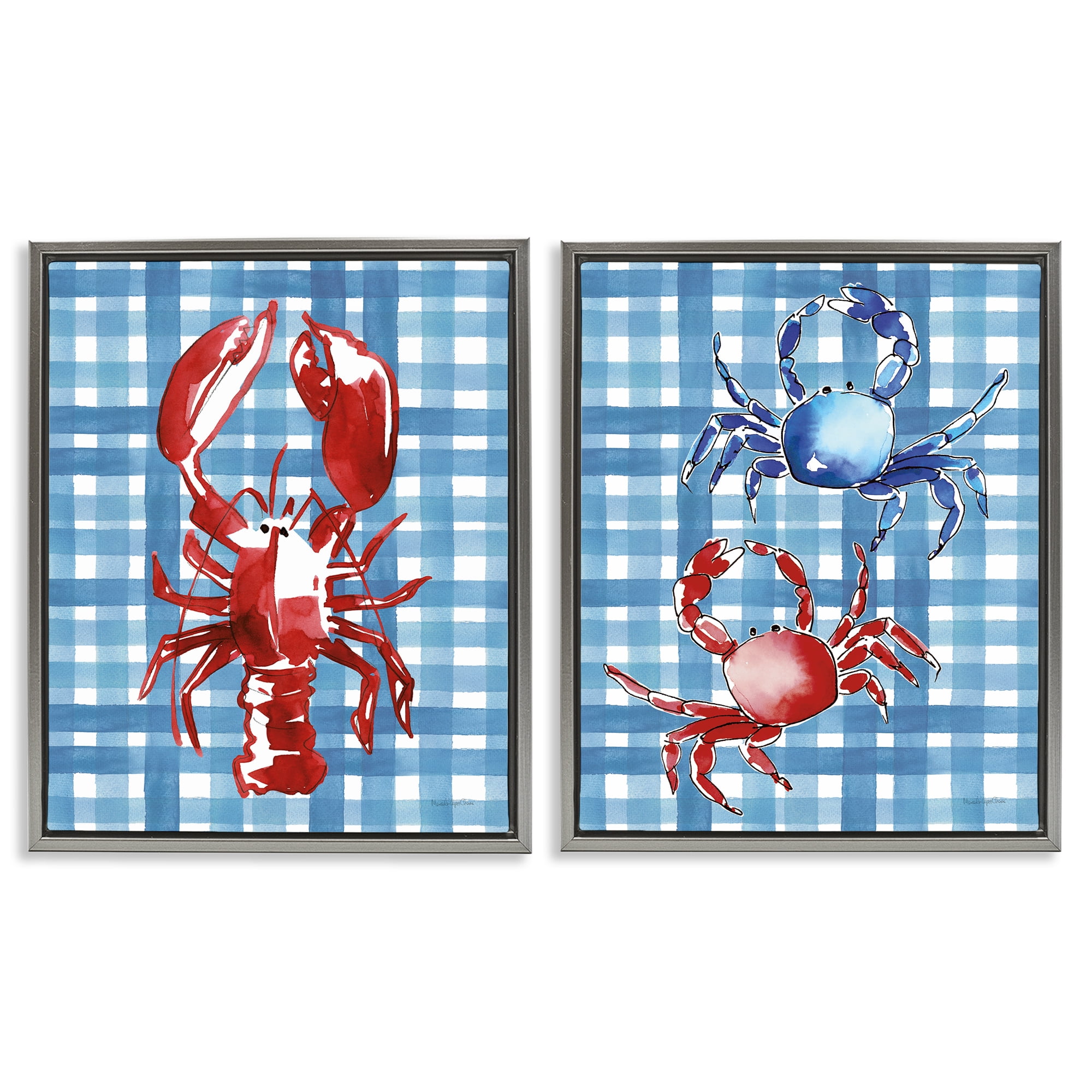 Stupell Industries Coastal Cuisines on Plaid Animals Painting Gray Floater Framed Canvas Art Print Wall Art, 17 x 21, Set of 2