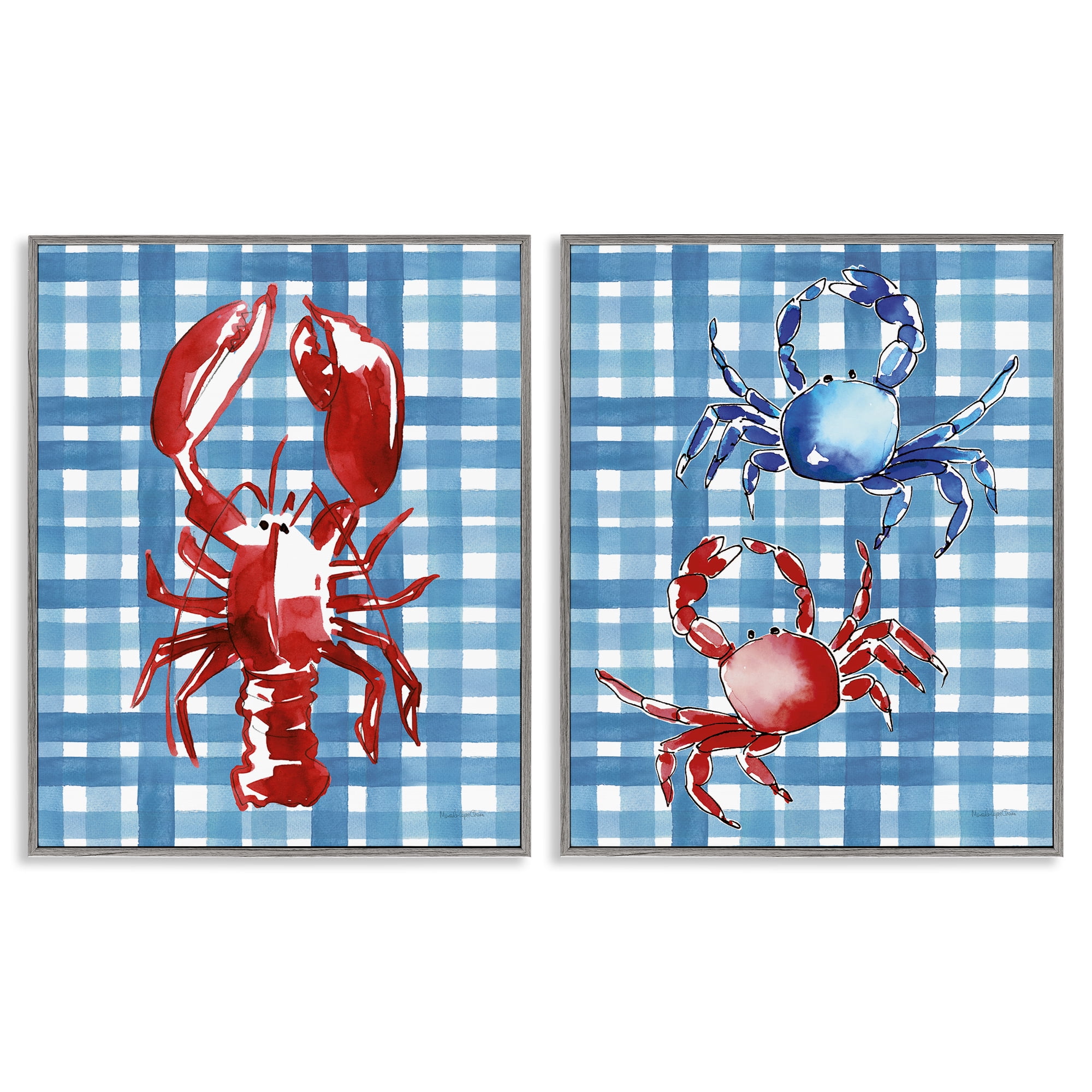Stupell Industries Coastal Cuisines on Plaid Animals Painting Gray Framed Art Print Wall Art, 11 x 14, Set of 2