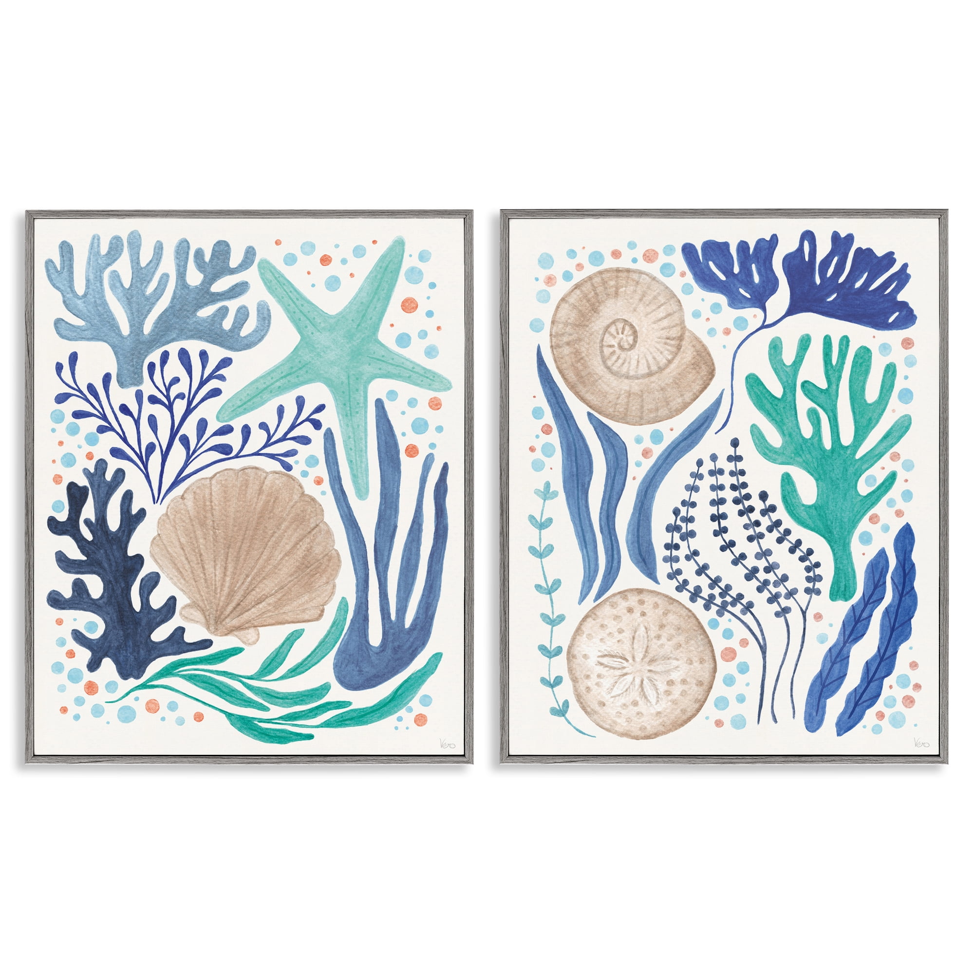 Stupell Industries Coastal Currents Sea Life Nautical & Beach Painting Gray Framed Art Print Wall Art, 11 x 14, Set of 2