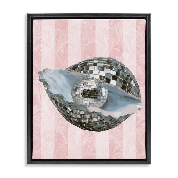 Stupell Industries Coastal Disco Oyster on Stripes Black Floating Frame Canvas Art, 25 x 31, by Lil' Rue