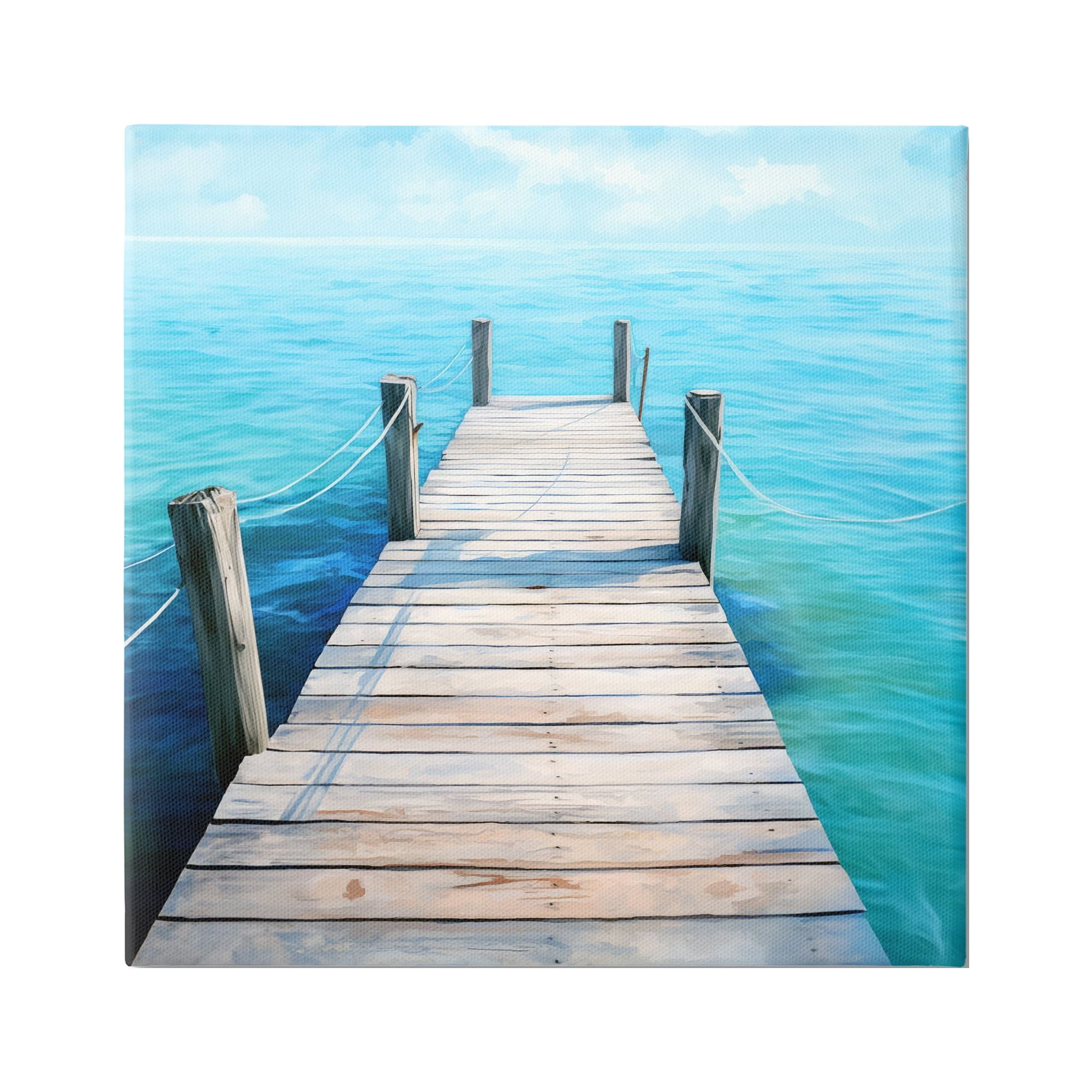 Coastal Dock Landscape Canvas Art in Blue and Beige Frame