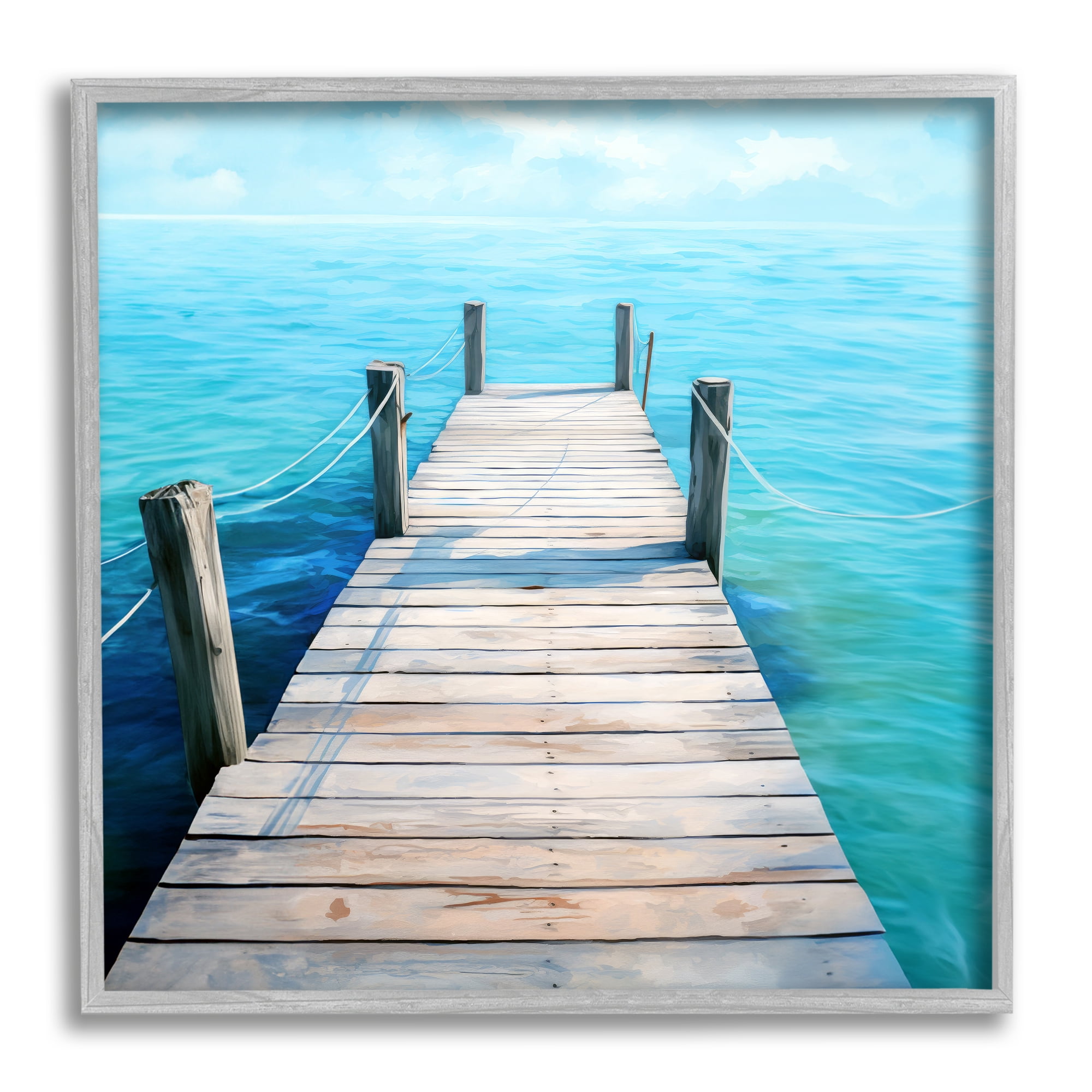 Stupell Industries Coastal Dock Landscape Landscape Painting Gray Framed Art Print Wall Art, 12 x 12
