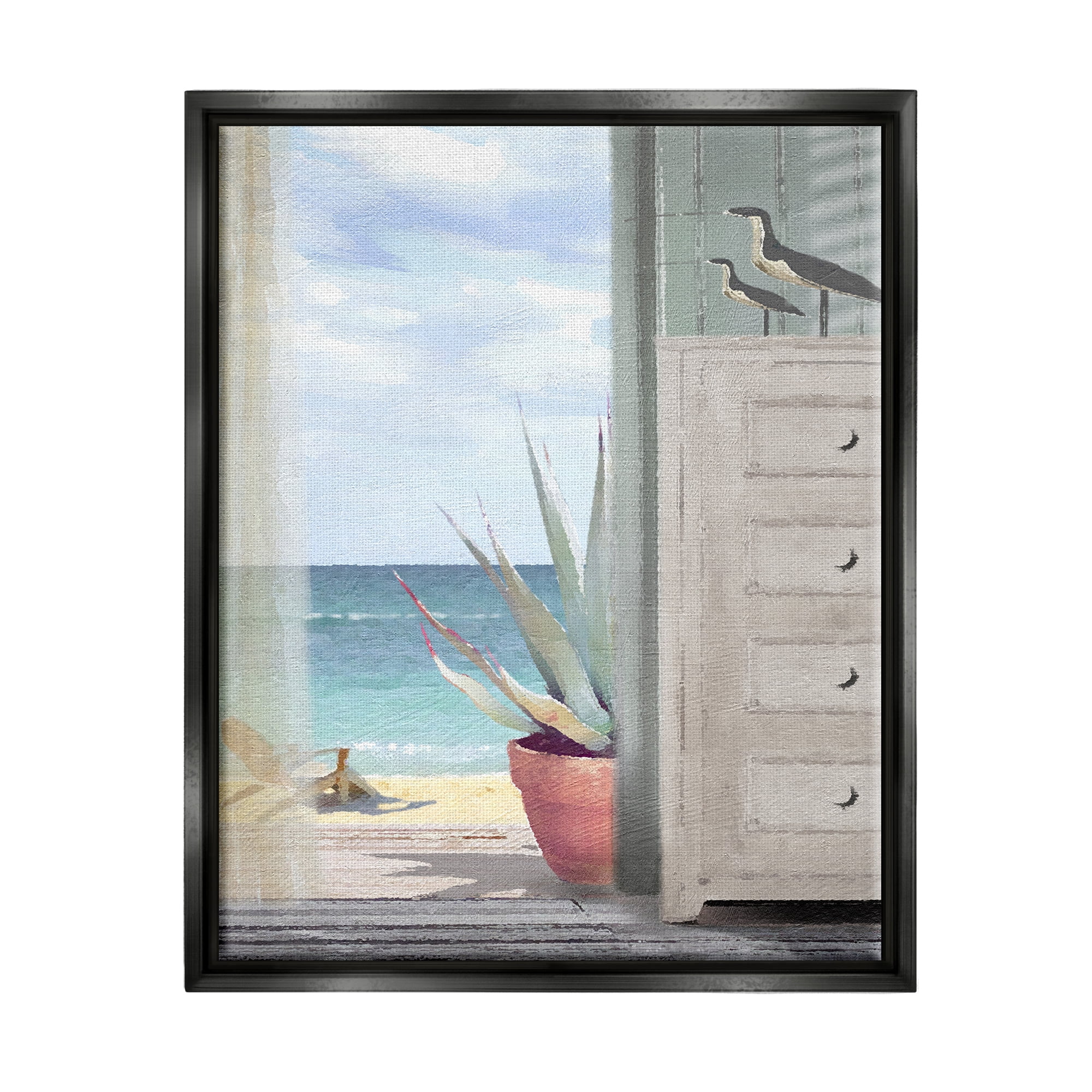 Stupell Industries Coastal Doorway Beach View Nature Painting Black Floater Framed Art Print Wall Art, 25 x 31