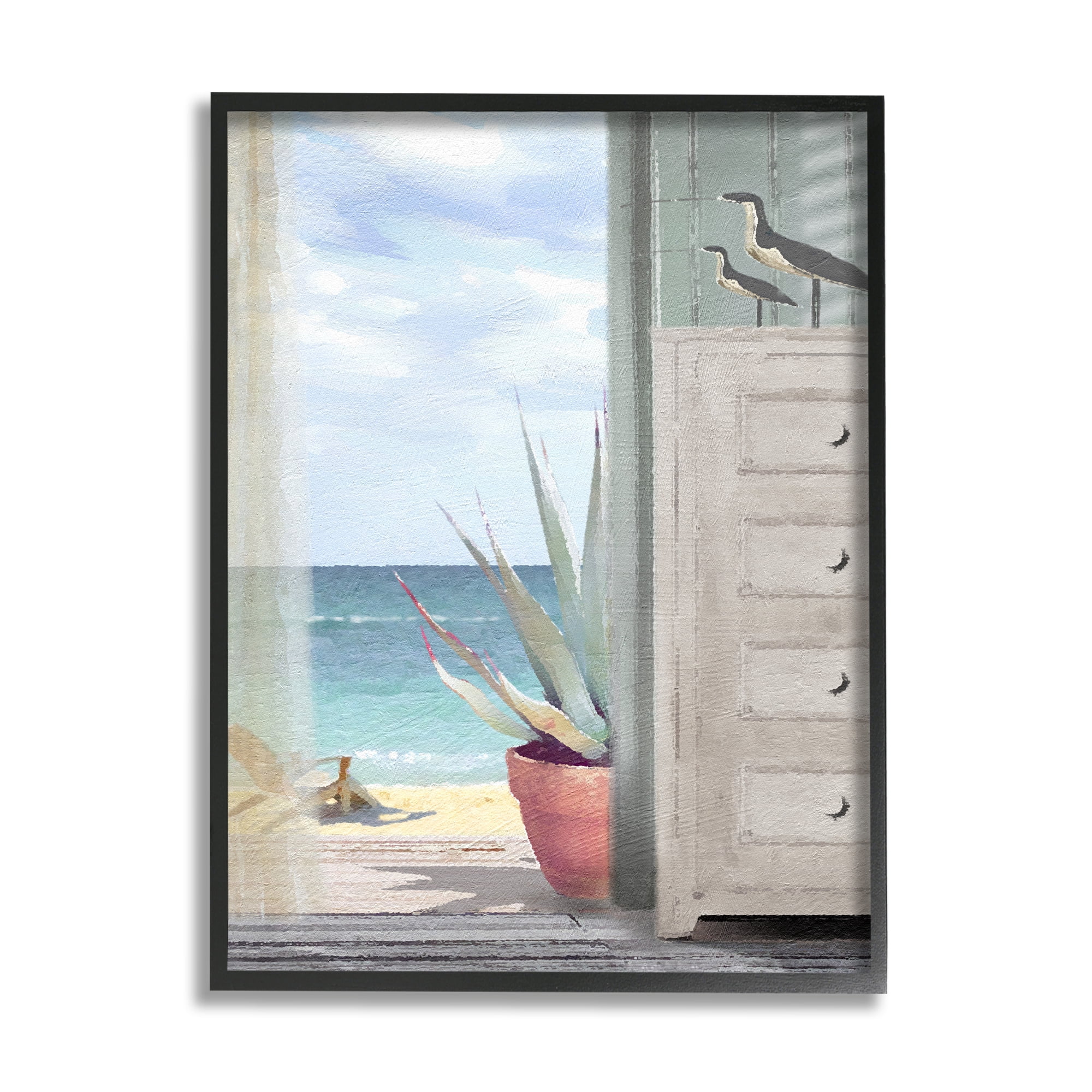 Stupell Industries Coastal Doorway Beach View Nature Painting Black Framed Art Print Wall Art, 16 x 20