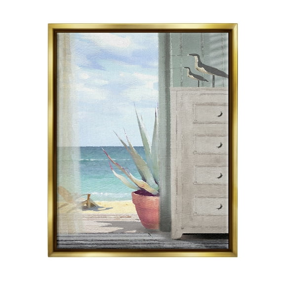 Stupell Industries Coastal Doorway Beach View Nature Painting Gold Floater Framed Art Print Wall Art, 25 x 31