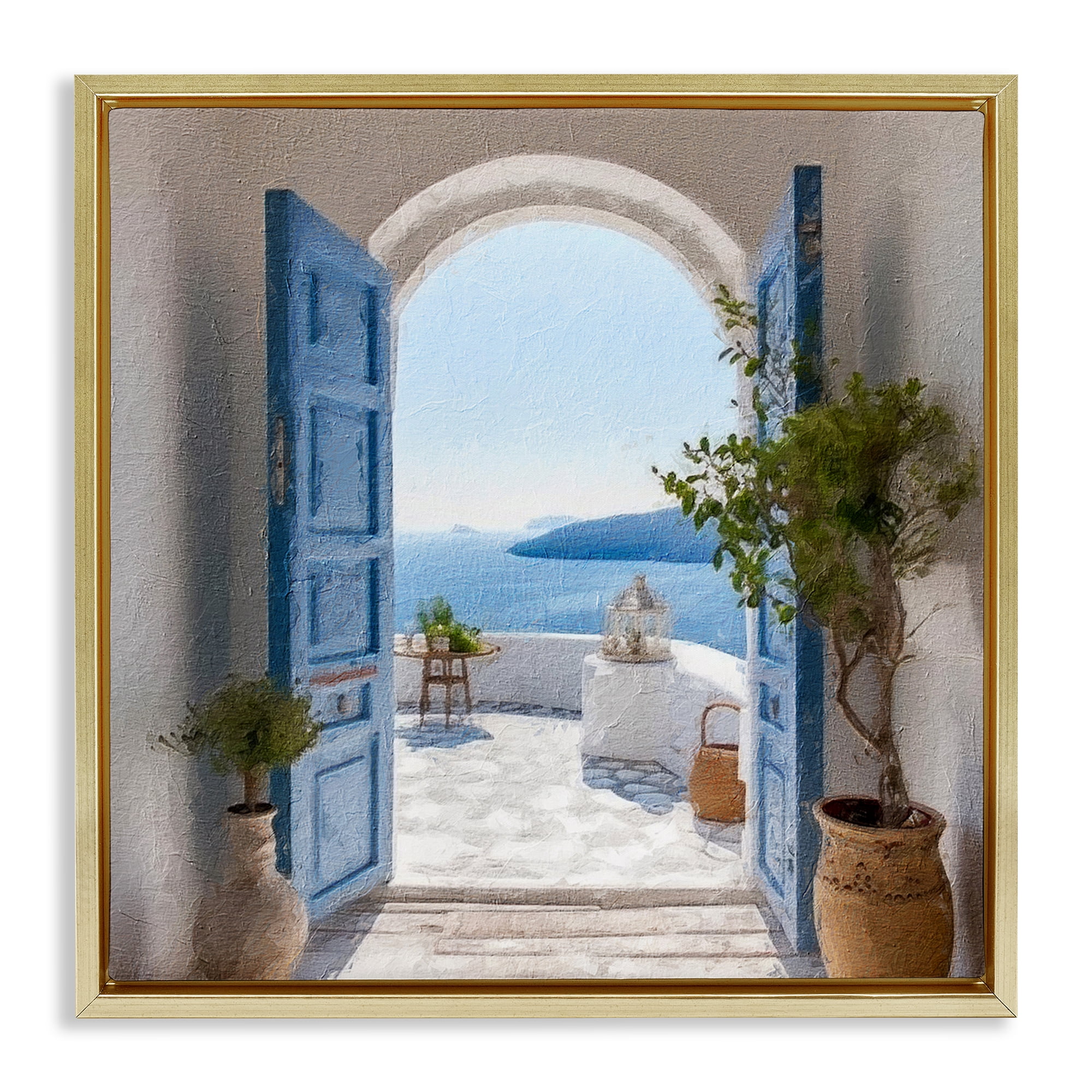 Stupell Industries Coastal Doorway to Sea Town & City Painting Gold Floater Framed Canvas Art Print Wall Art, 18 x 18