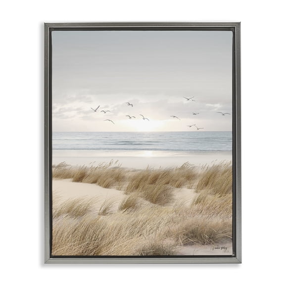 Stupell Industries Coastal Dreams Seagulls Gray Framed Floater Canvas Wall Art, design by Amber Sterling