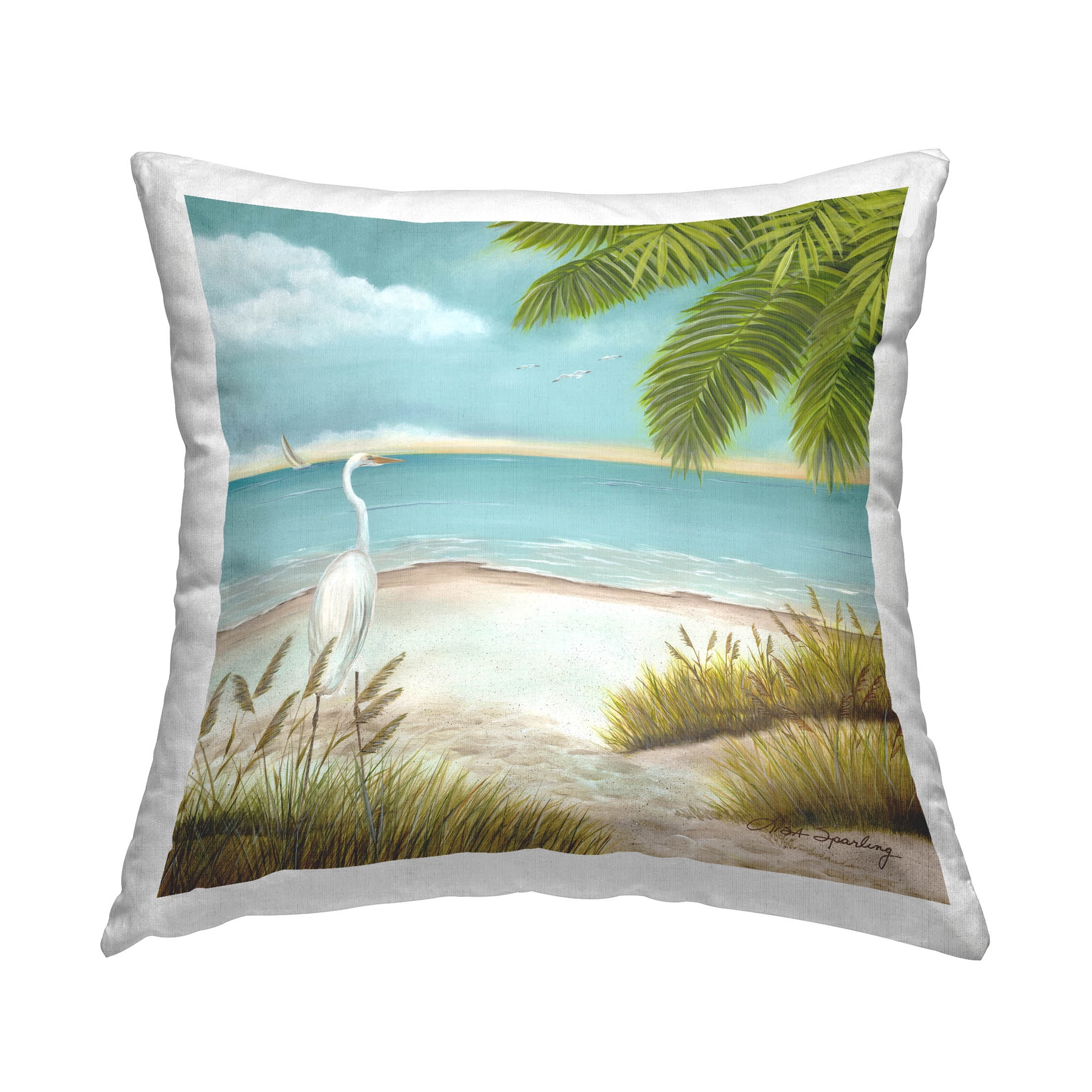 Stupell Industries Coastal Egret Tropical Shoreline Printed Throw Pillow Design by Lisa Sparling