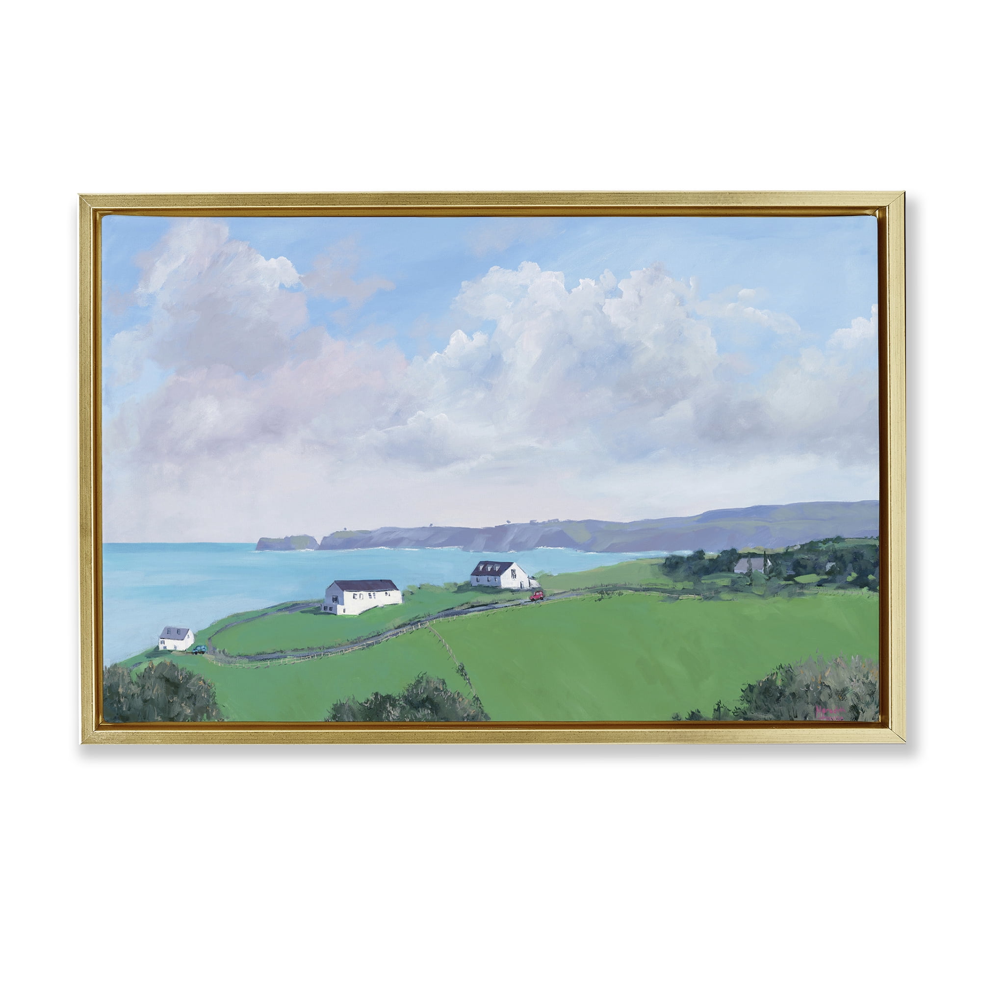 Stupell Industries Coastal Farm Houses Landscape Painting Gold Floater Framed Art Print Wall Art, 25 x 17