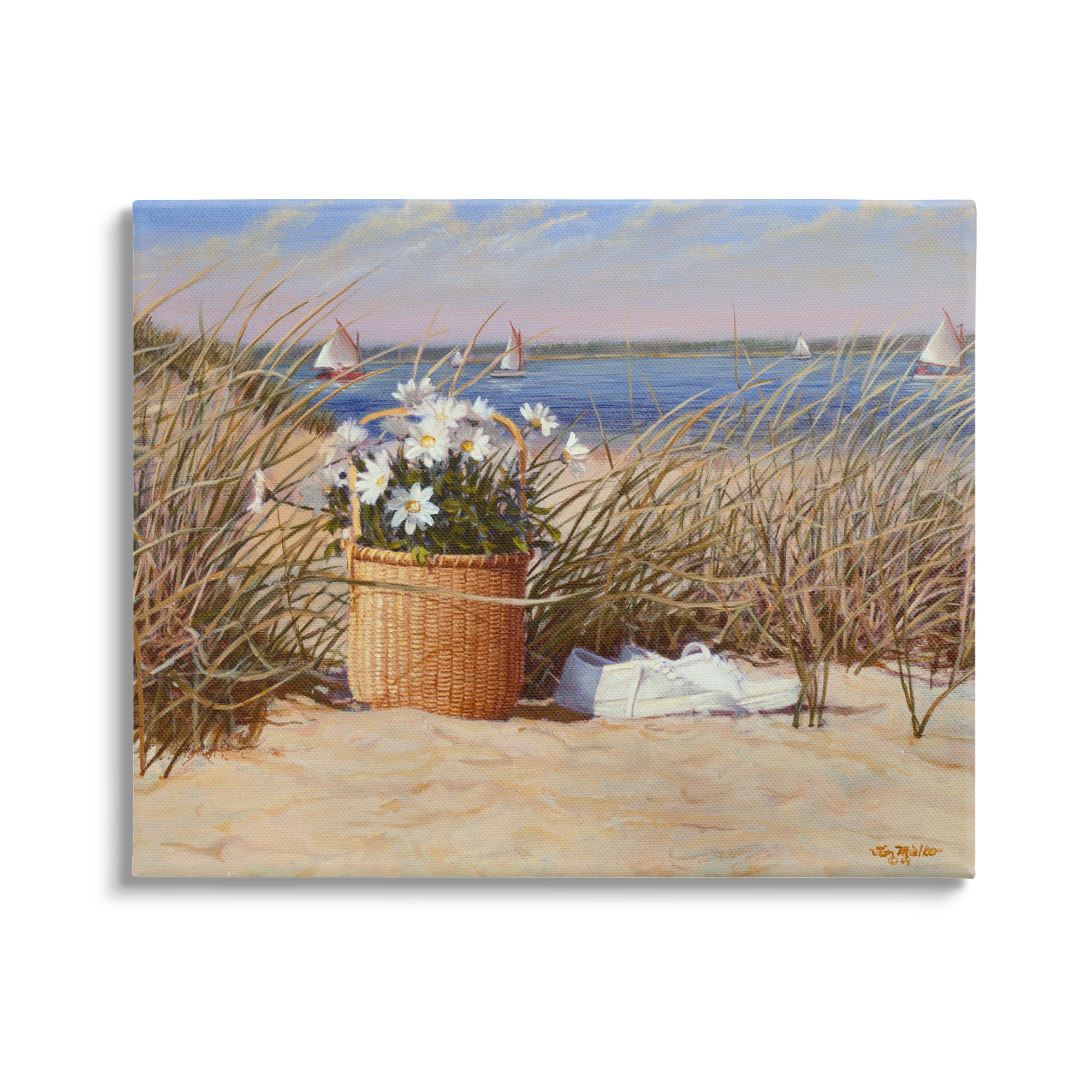 Stupell Industries Coastal Flower Blossom Basket Windblown Beach Grass Painting Gallery Wrapped Canvas Print Wall Art, Design by Tom Mielko