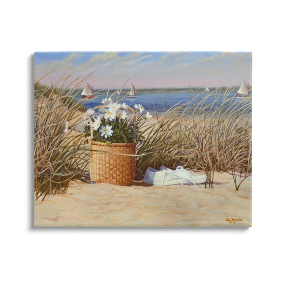 Stupell Industries Coastal Flower Blossom Basket Windblown Beach Grass Painting Gallery Wrapped Canvas Print Wall Art, Design by Tom Mielko