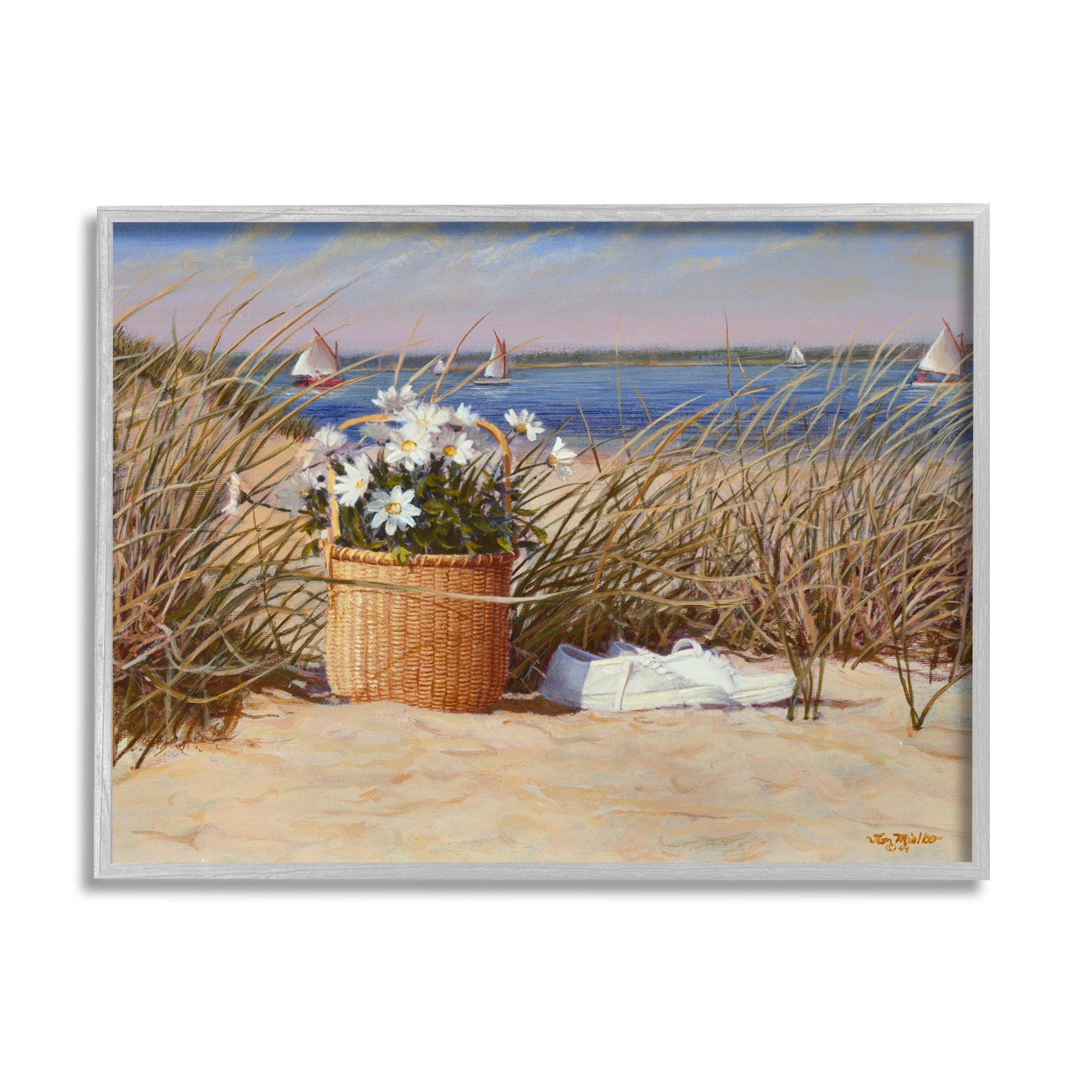 Stupell Industries Coastal Flower Blossom Basket Windblown Beach Grass Painting Gray Framed Art Print Wall Art, Design by Tom Mielko