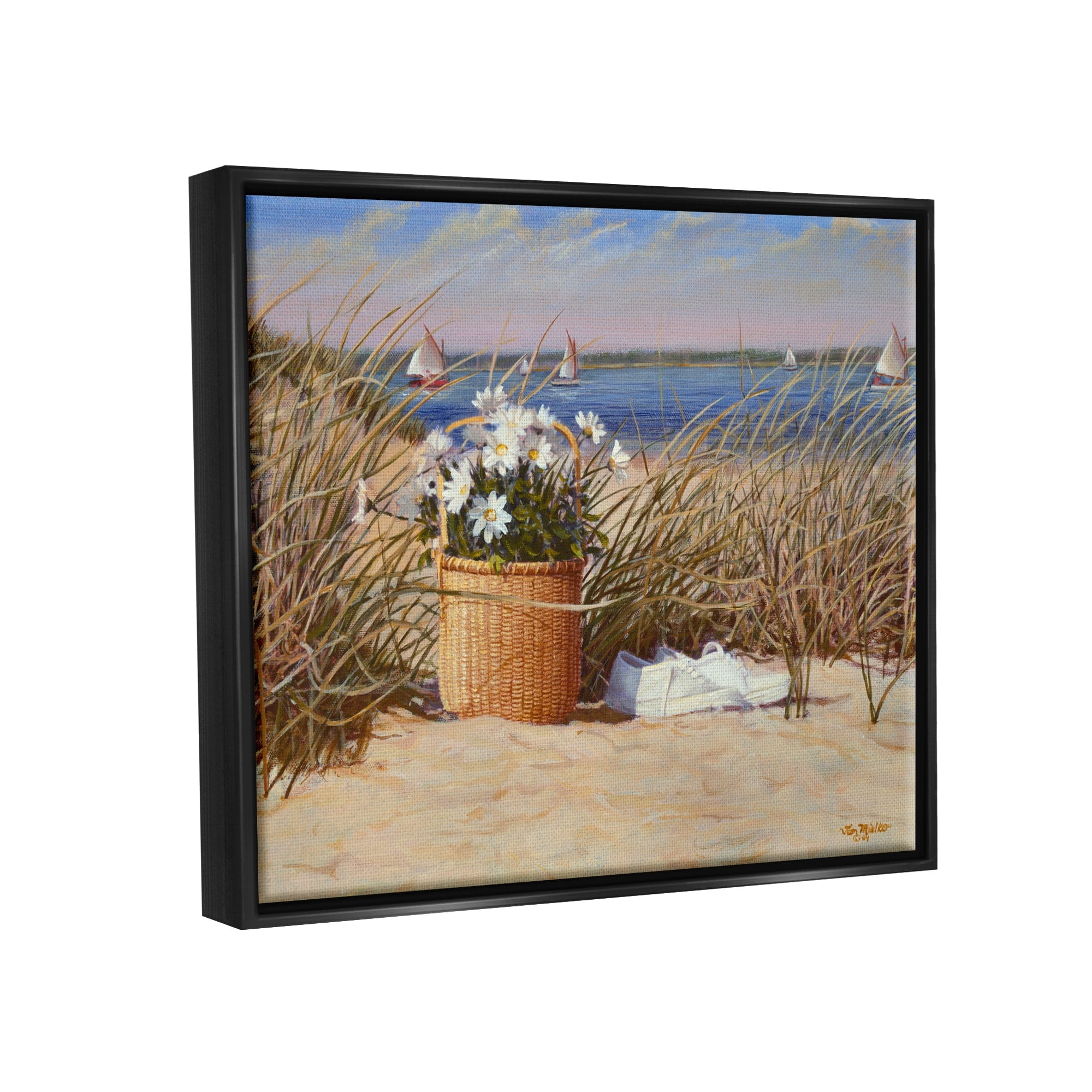 Stupell Industries Coastal Flower Blossom Basket Windblown Beach Grass Painting Jet Black Floating Framed Canvas Print Wall Art, Design by Tom Mielko