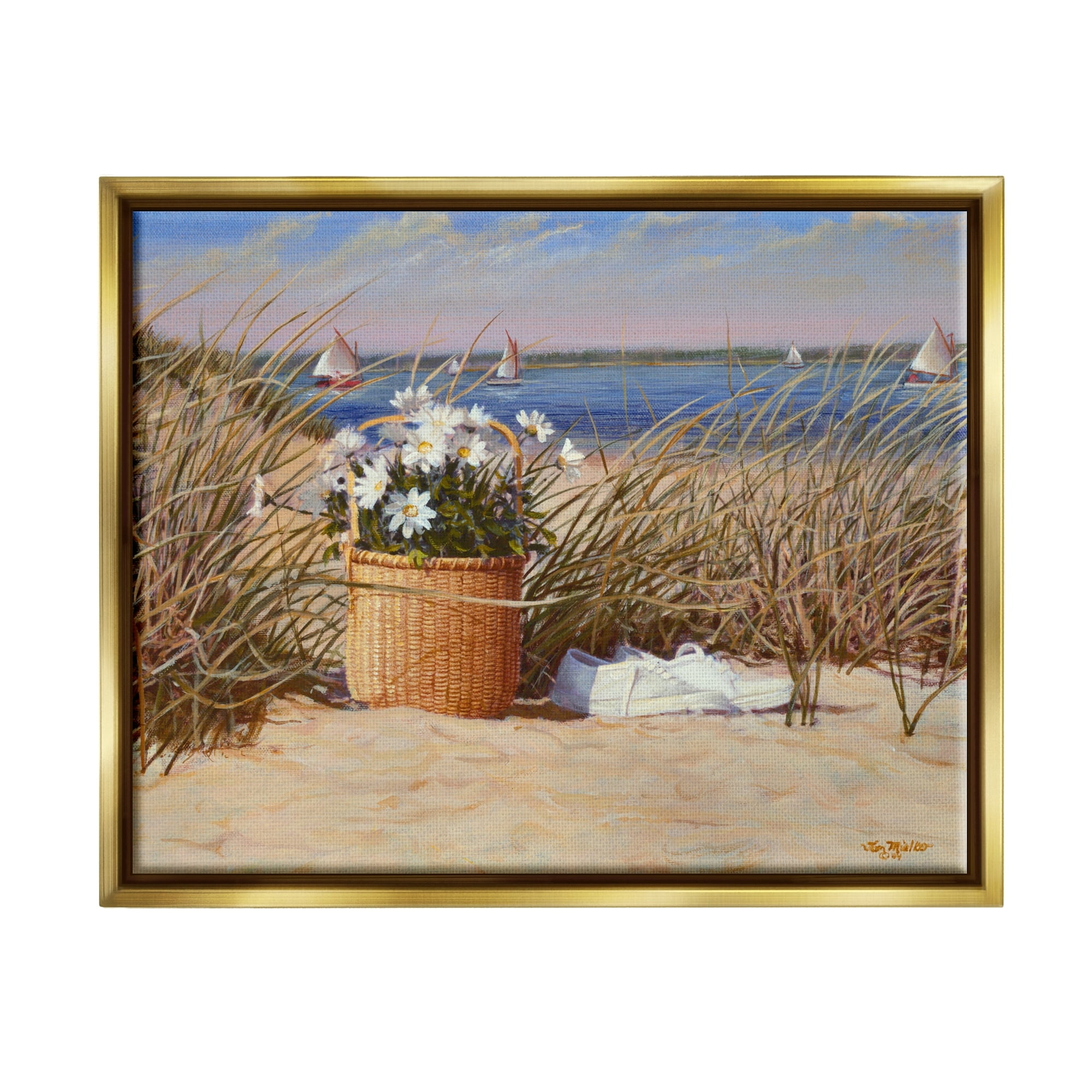 Stupell Industries Coastal Flower Blossom Basket Windblown Beach Grass Painting Metallic Gold Floating Framed Canvas Print Wall Art, Design by Tom Mielko