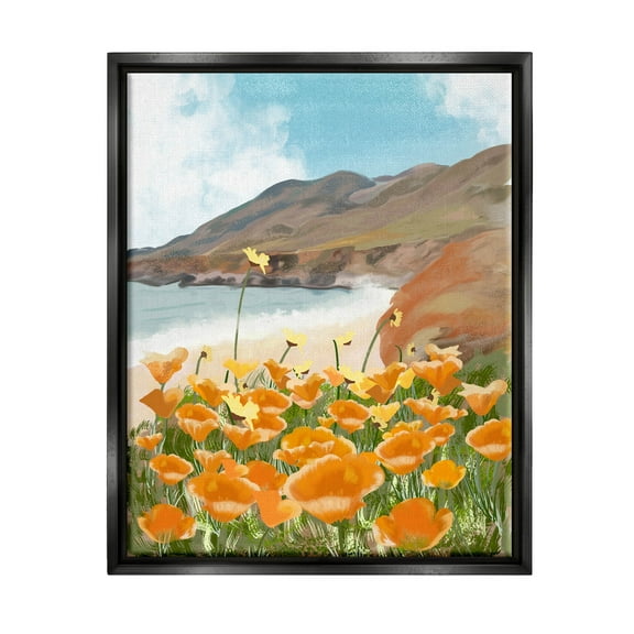 Stupell Industries Coastal Flower Meadow Blooming Graphic Art Jet Black Floating Framed Canvas Print Wall Art, Design by Ashley Singleton