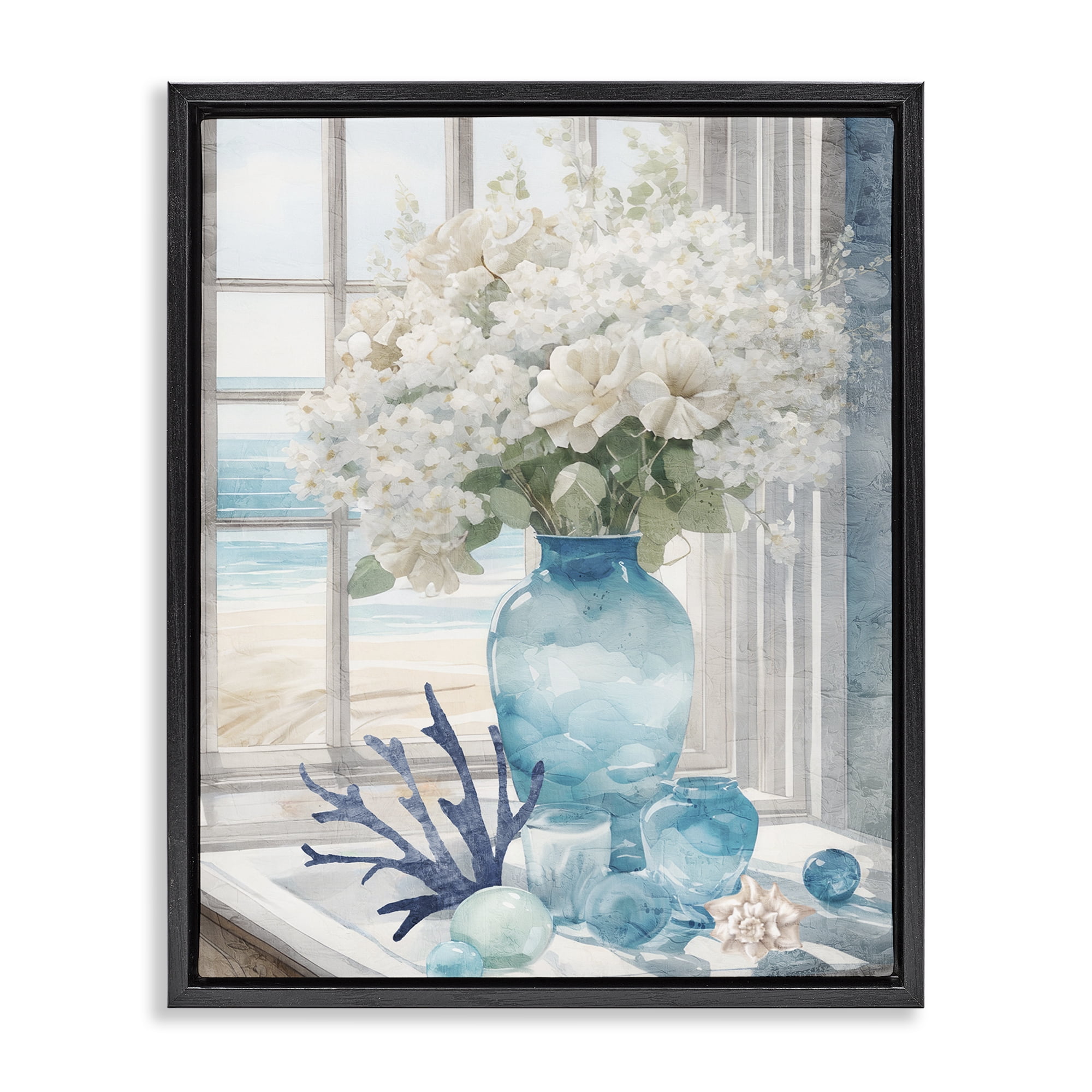 Stupell Industries Coastal Flower Vase Botanical & Floral Painting Black Floater Framed Art Print Wall Art, 25 x 31