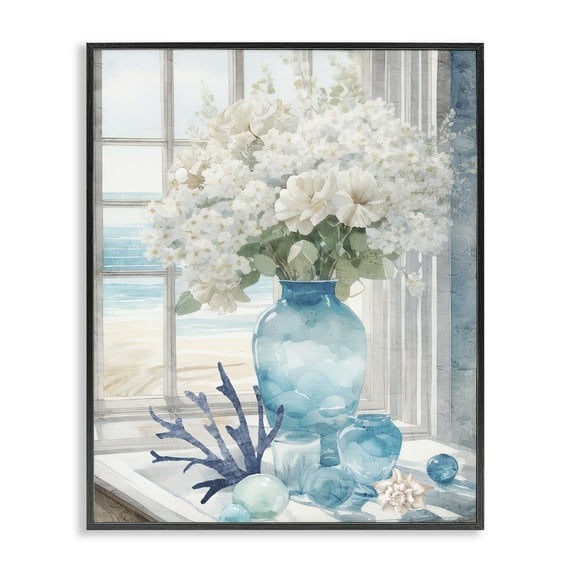 Stupell Industries Coastal Flower Vase Botanical & Floral Painting Black Framed Art Print Wall Art, 11 x 14