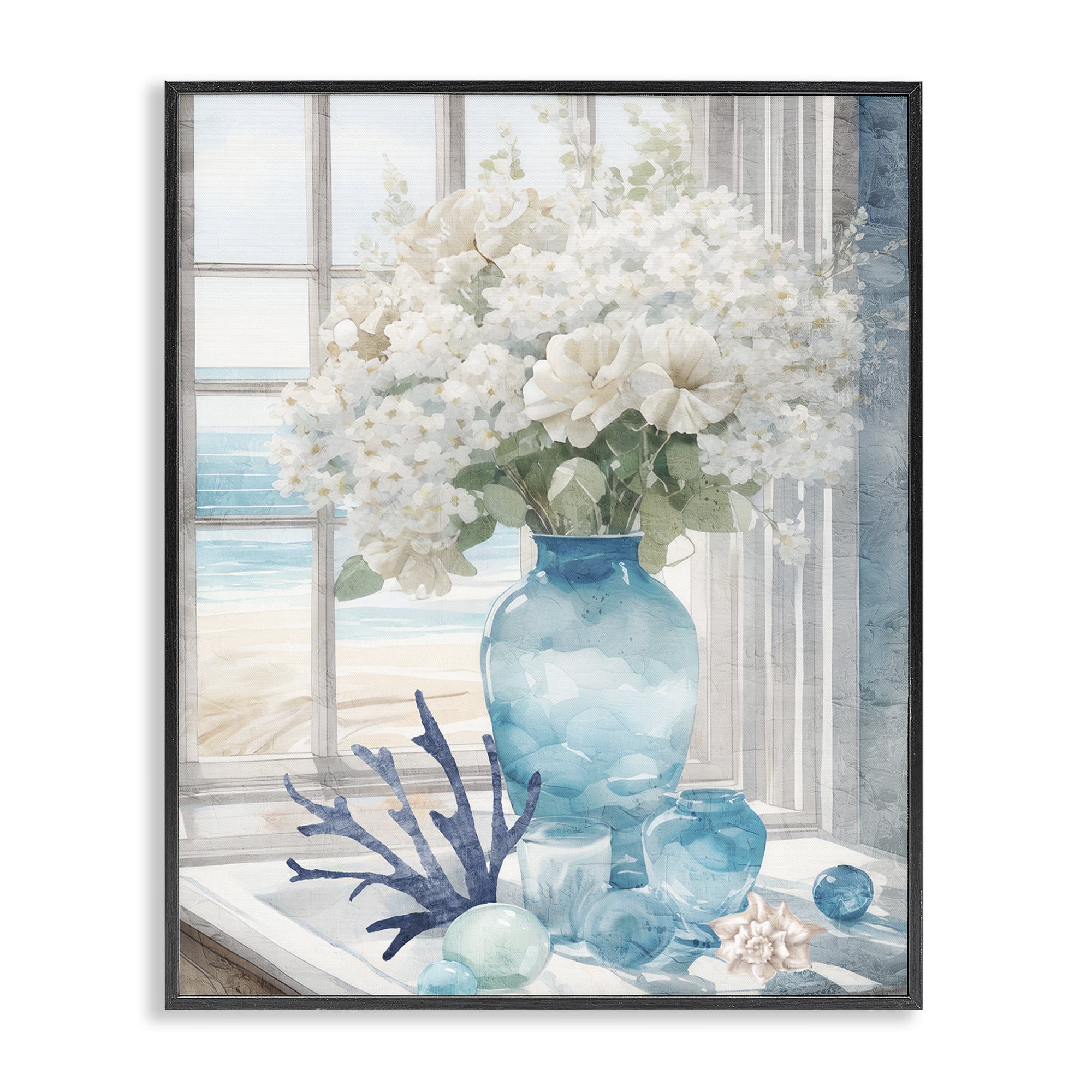 Stupell Industries Coastal Flower Vase Botanical & Floral Painting Black Framed Art Print Wall Art, 24 x 30