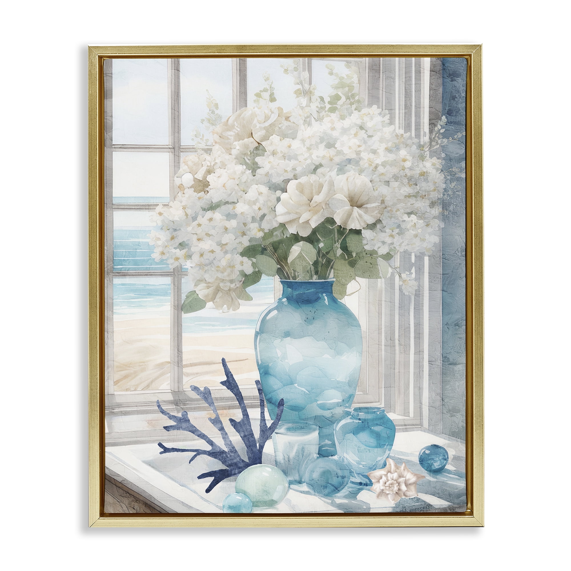 Stupell Industries Coastal Flower Vase Botanical & Floral Painting Gold Floater Framed Art Print Wall Art, 25 x 31