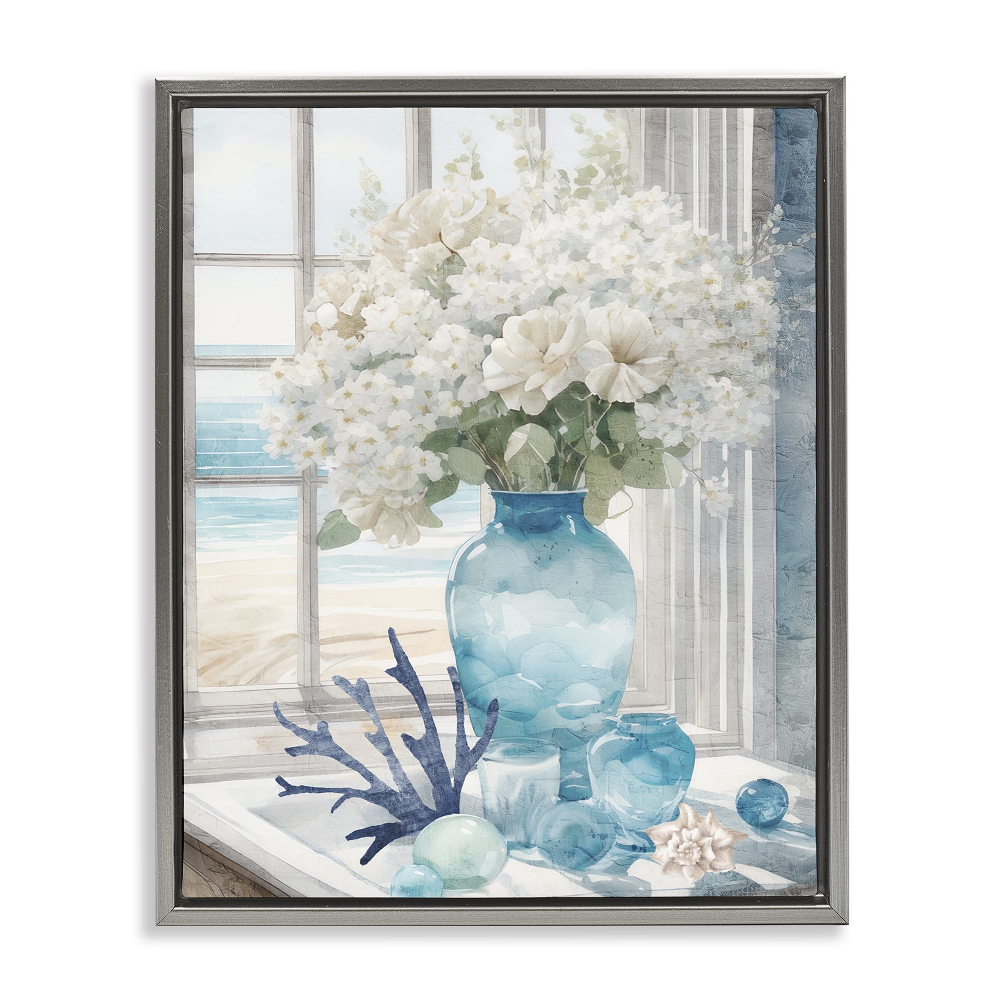 Stupell Industries Coastal Flower Vase Botanical & Floral Painting Gray Floater Framed Art Print Wall Art, 25 x 31