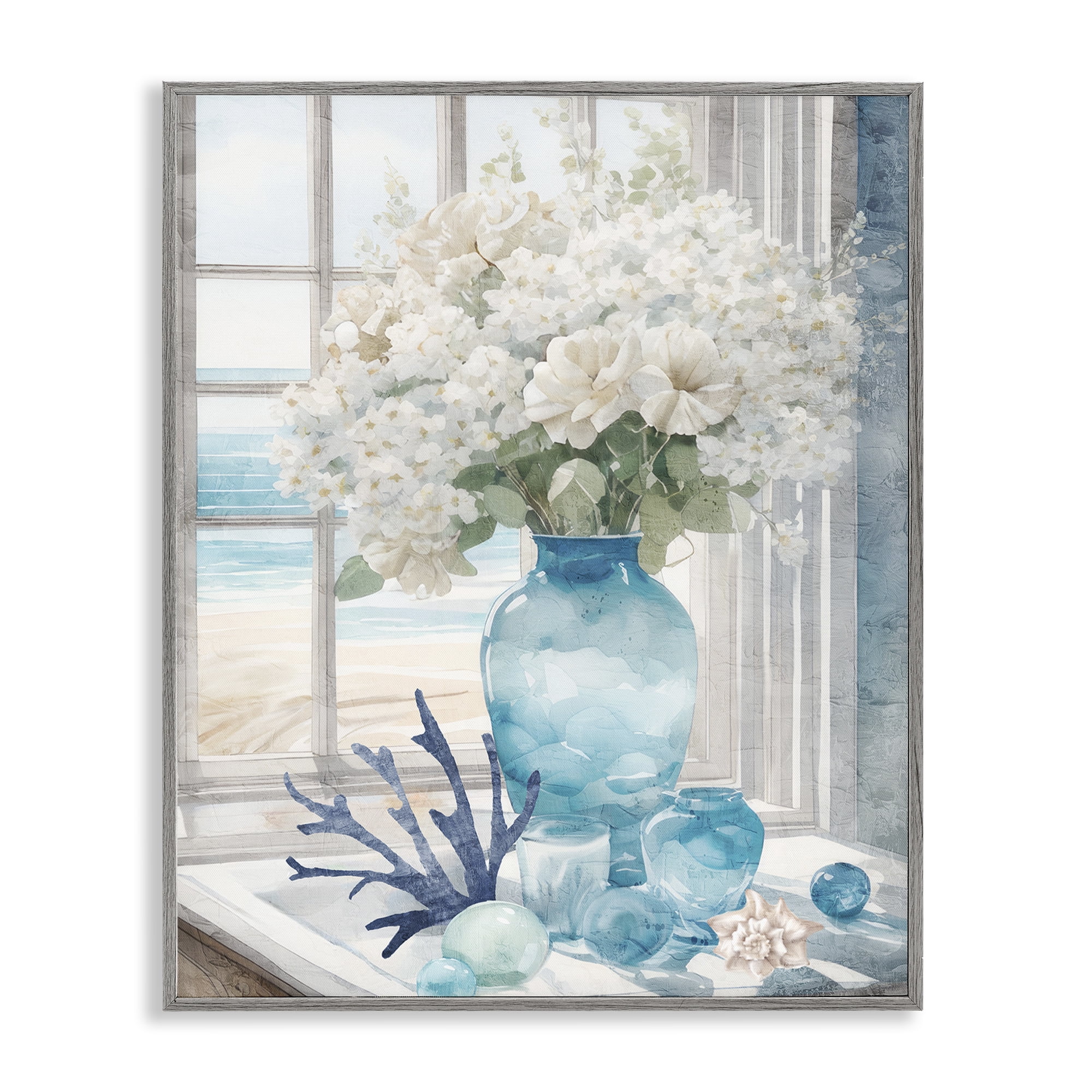 Stupell Industries Coastal Flower Vase Botanical & Floral Painting Gray Framed Art Print Wall Art, 16 x 20