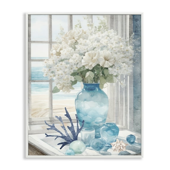 Stupell Industries Coastal Flower Vase Botanical & Floral Painting White Framed Art Print Wall Art, 24 x 30