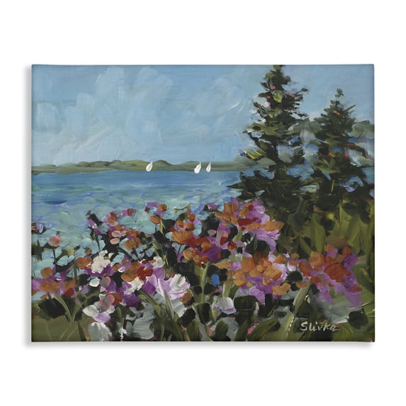 Stupell Industries Coastal Flowers with Seascape Abstract Painting Wrapped Canvas Canvas Art Print Wall Art, 20 x 16