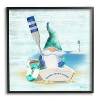 Stupell Industries Coastal Gnome Blue Row Boat Graphic Art Black Framed Art Print Wall Art, Design by Paul Brent
