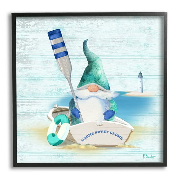 Stupell Industries Coastal Gnome Blue Row Boat Graphic Art Black Framed Art Print Wall Art, Design by Paul Brent