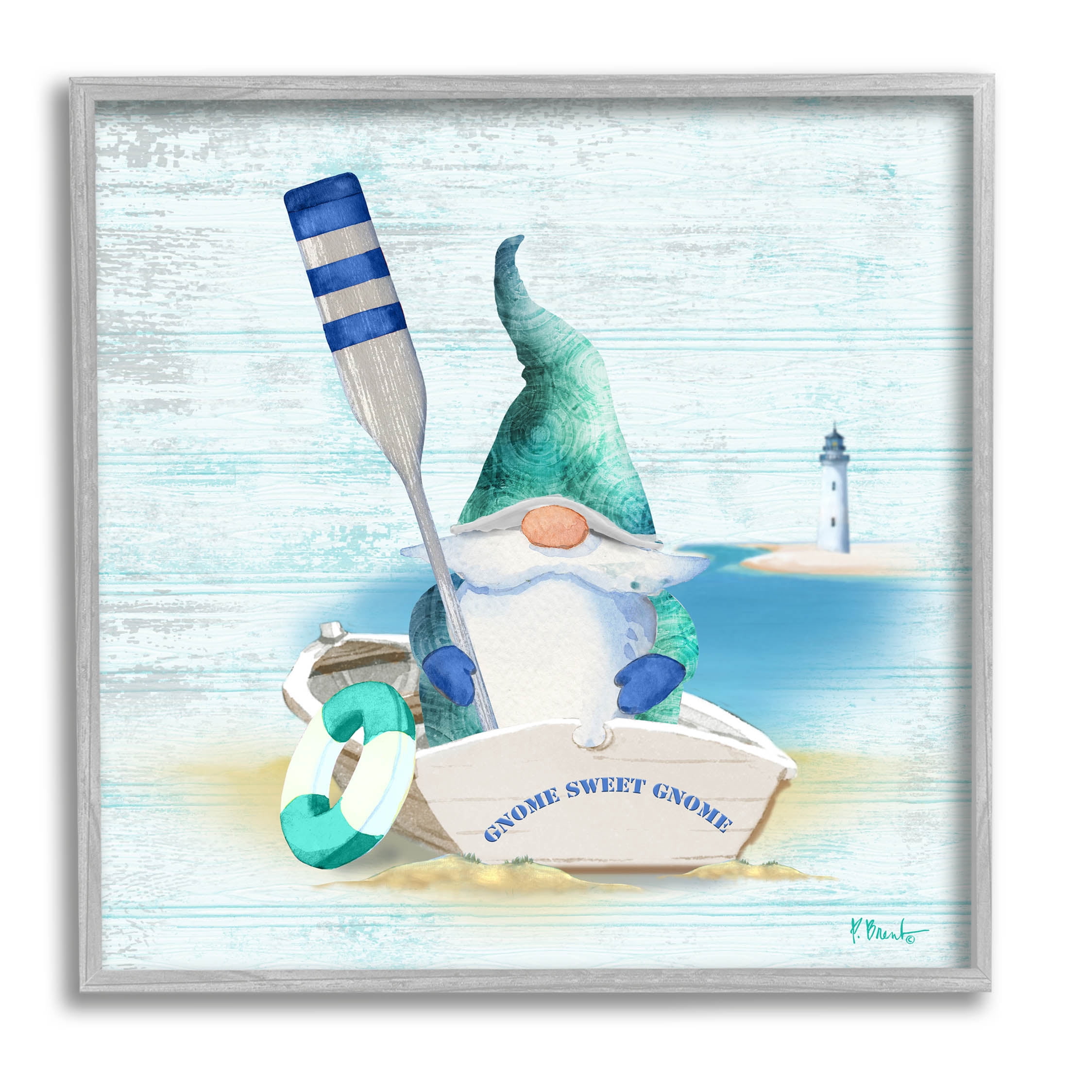 Stupell Industries Coastal Gnome Blue Row Boat Graphic Art Gray Framed Art Print Wall Art, Design by Paul Brent