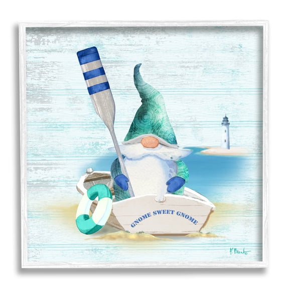 Stupell Industries Coastal Gnome Blue Row Boat Graphic Art White Framed Art Print Wall Art, Design by Paul Brent