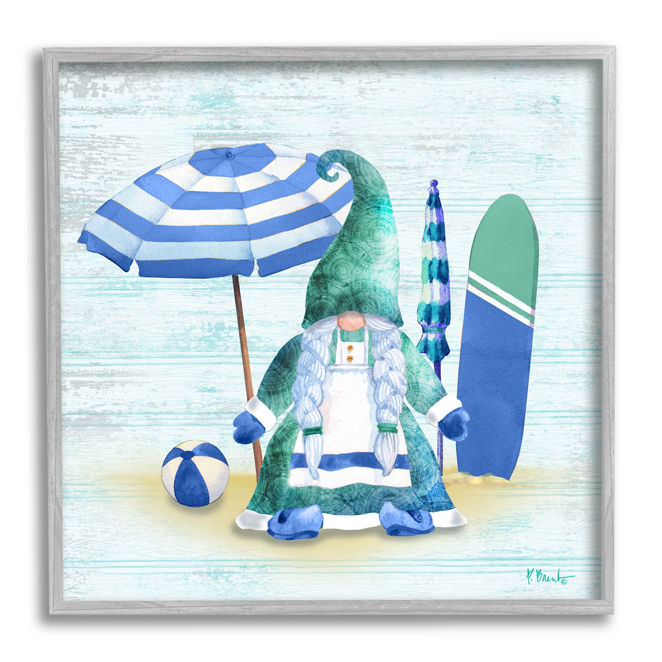 Stupell Industries Coastal Gnome Braided Summer Surfer Graphic Art Gray Framed Art Print Wall Art, Design by Paul Brent