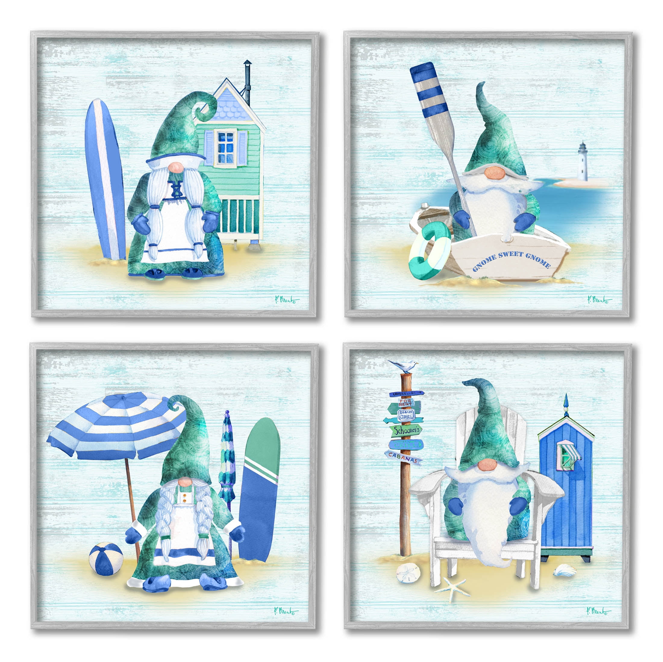 Stupell Industries Coastal Gnomes Nautical Life Graphic Art Gray Framed Art Print Wall Art, Set of 4, Design by Paul Brent
